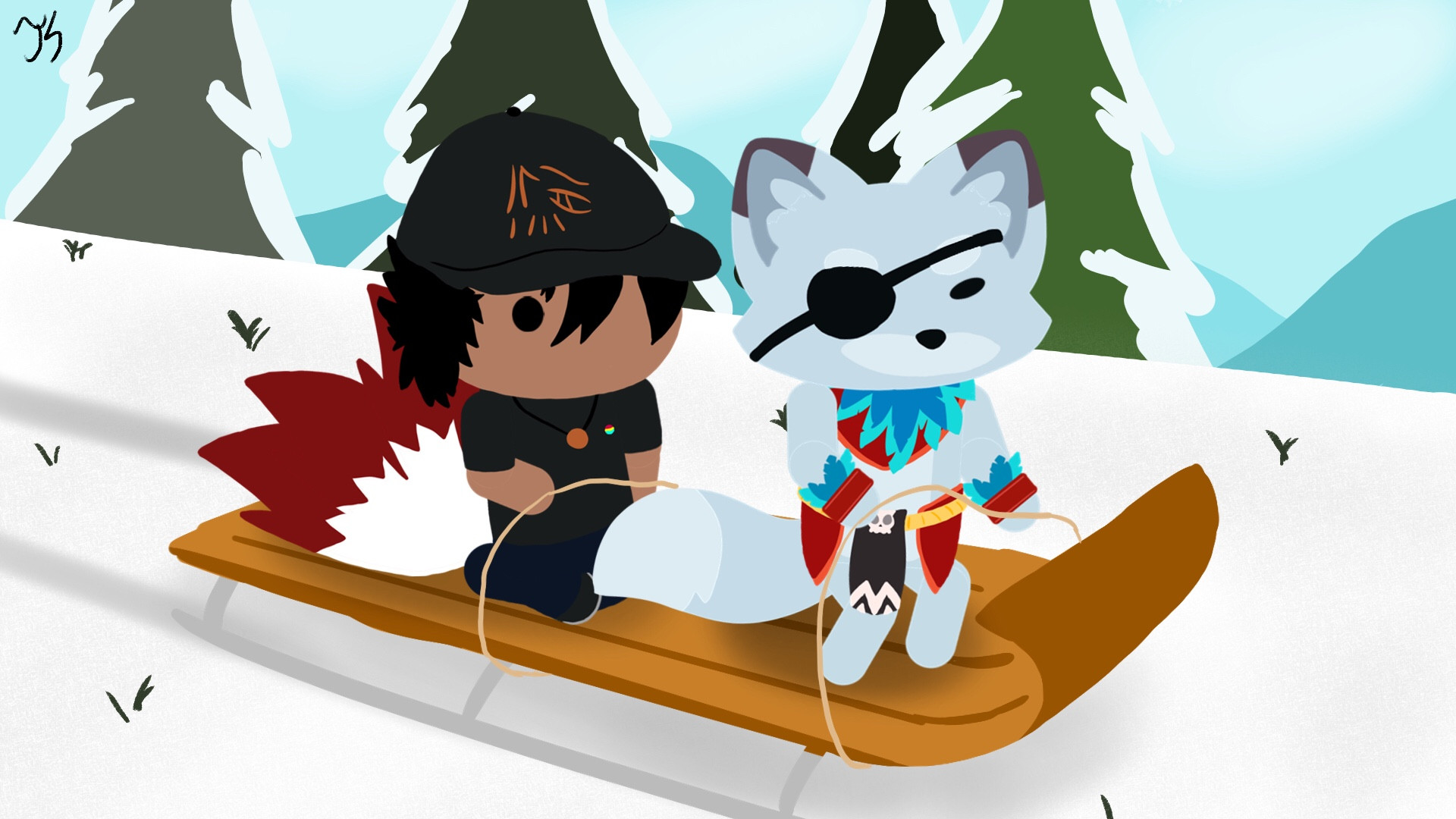 Two foxxos riding a sled down the hill this time, the foxxo to the right looking mad while the one to the left is stunned