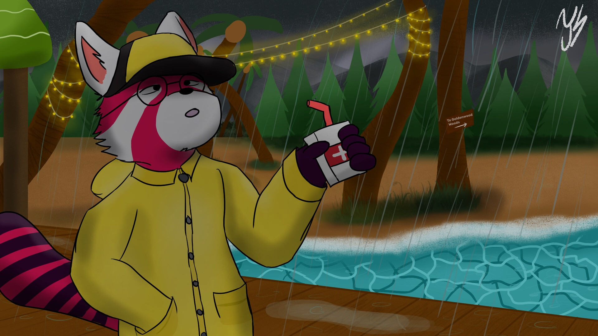 Red Panda in a raincoat drinking health juice walking along the shoreside while it rains.