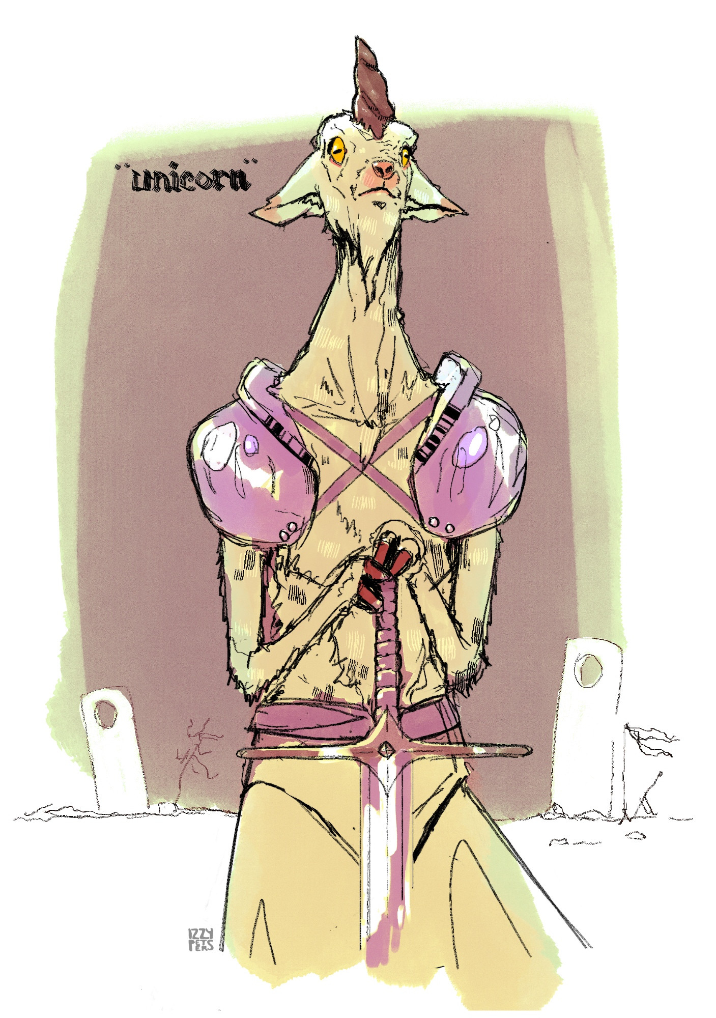 A unicorn headed man in armor with a sword