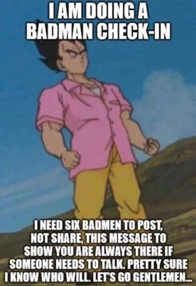 A still of Vegeta from Dragon Ball Z, wearing a pink shirt and yellow pants. The top text says "I AM DOING A BADMAN CHECK IN," and the bottom text says "I NEED SIX BADMENT TO POST, NOT SHARE, THIS MESSAGE TO SHOW YOU ARE ALWAYS THERE IF SOMEONE NEEDS TO TALK. PRETTY SURE I KNOW WHO WILL, LET'S GO GENTLEMEN..."