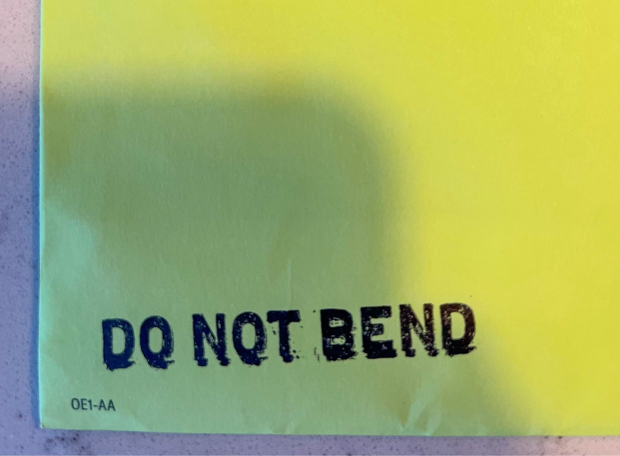 Yellow envelope stamped “DO NOT BEND” in black letters