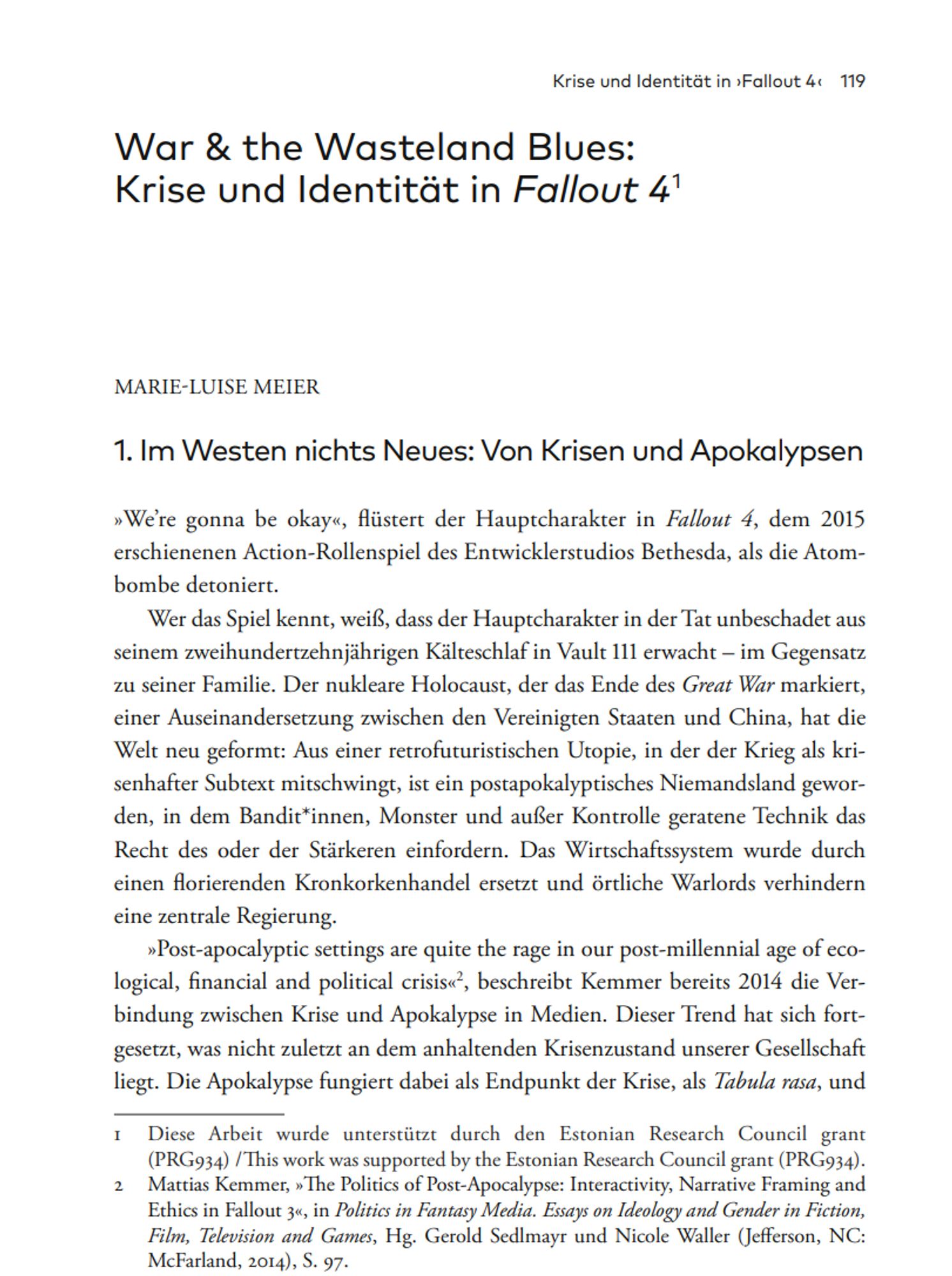 Zu sehen ist die erste Seite meines Artikels "War & the Wasteland Blues: Krise und Identität in Fallout 4". Über den Link im Text kann man den Artikel downloaden.