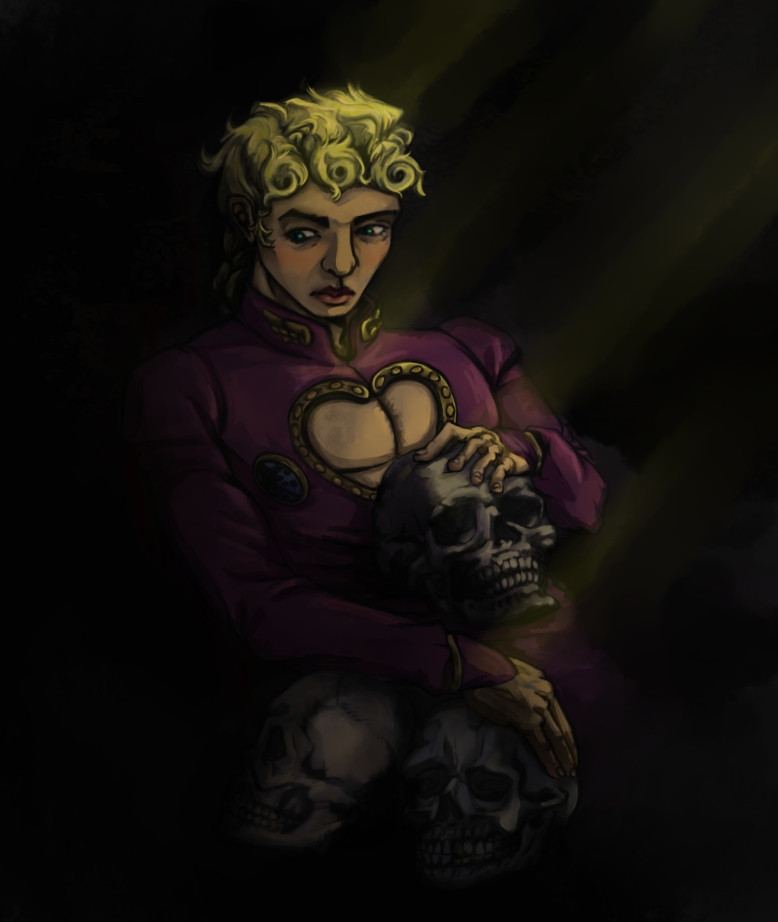 Giorno on a dark background, next to him are 3 skulls of his deceased friends (Bruno, Abbacchio and Narancha) one of the skulls is on his lap. A dim light falls on Giorno