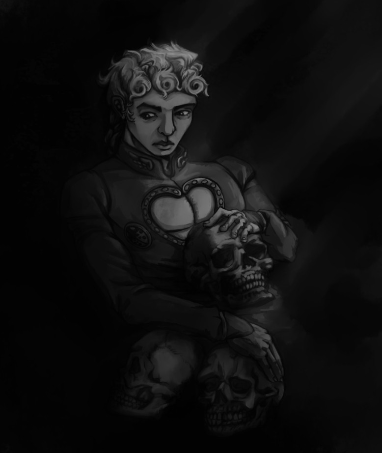 Giorno on a dark background, next to him are 3 skulls of his deceased friends (Bruno, Abbacchio and Narancha) one of the skulls is on his lap. A dim light falls on Giorno. The art will be translated into black and white format