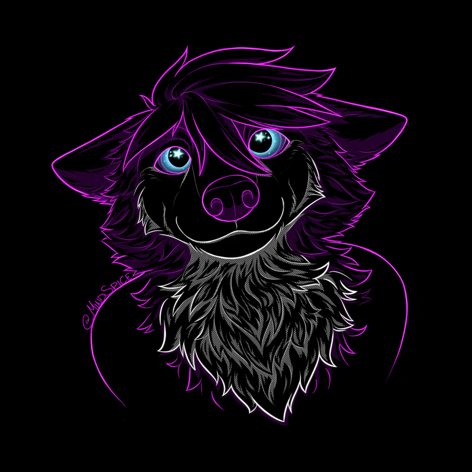 neon-style digital drawing on a black background of a wolf character with sparkling eyes staring up at the viewer