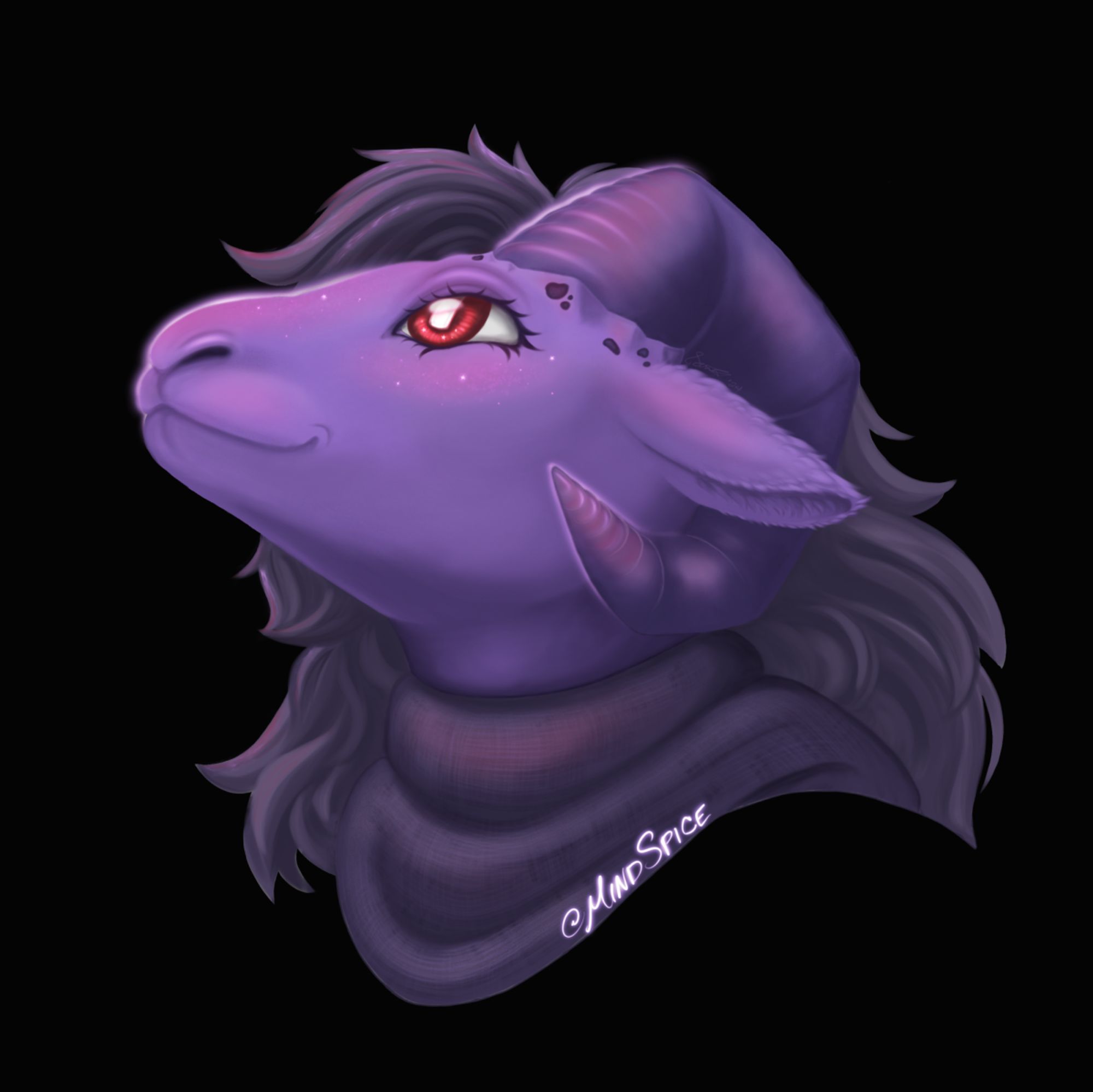 digitally rendered image of a purple goat character wearing glasses 