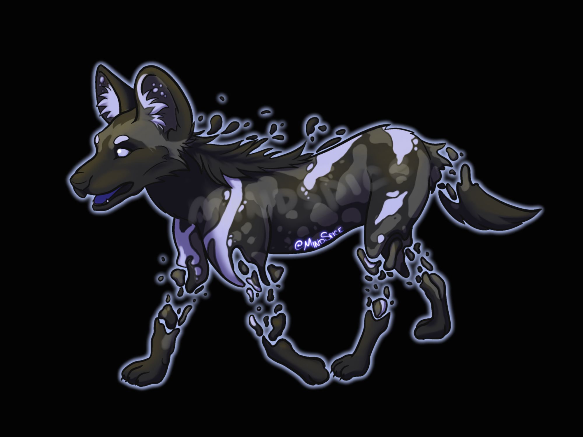 digital drawing of an african painted dog in grey and blue