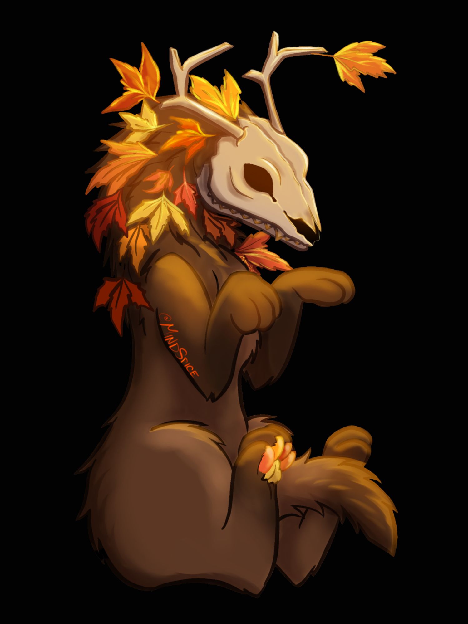 digital drawing of a skulldog character sitting up with fall leaves in its fur/mane