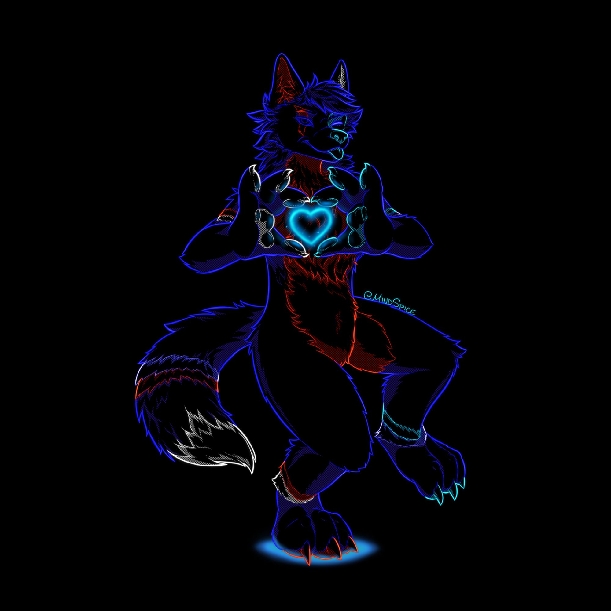 digital art drawing of a wolf character in blue and red making a heart with his hands on a black background