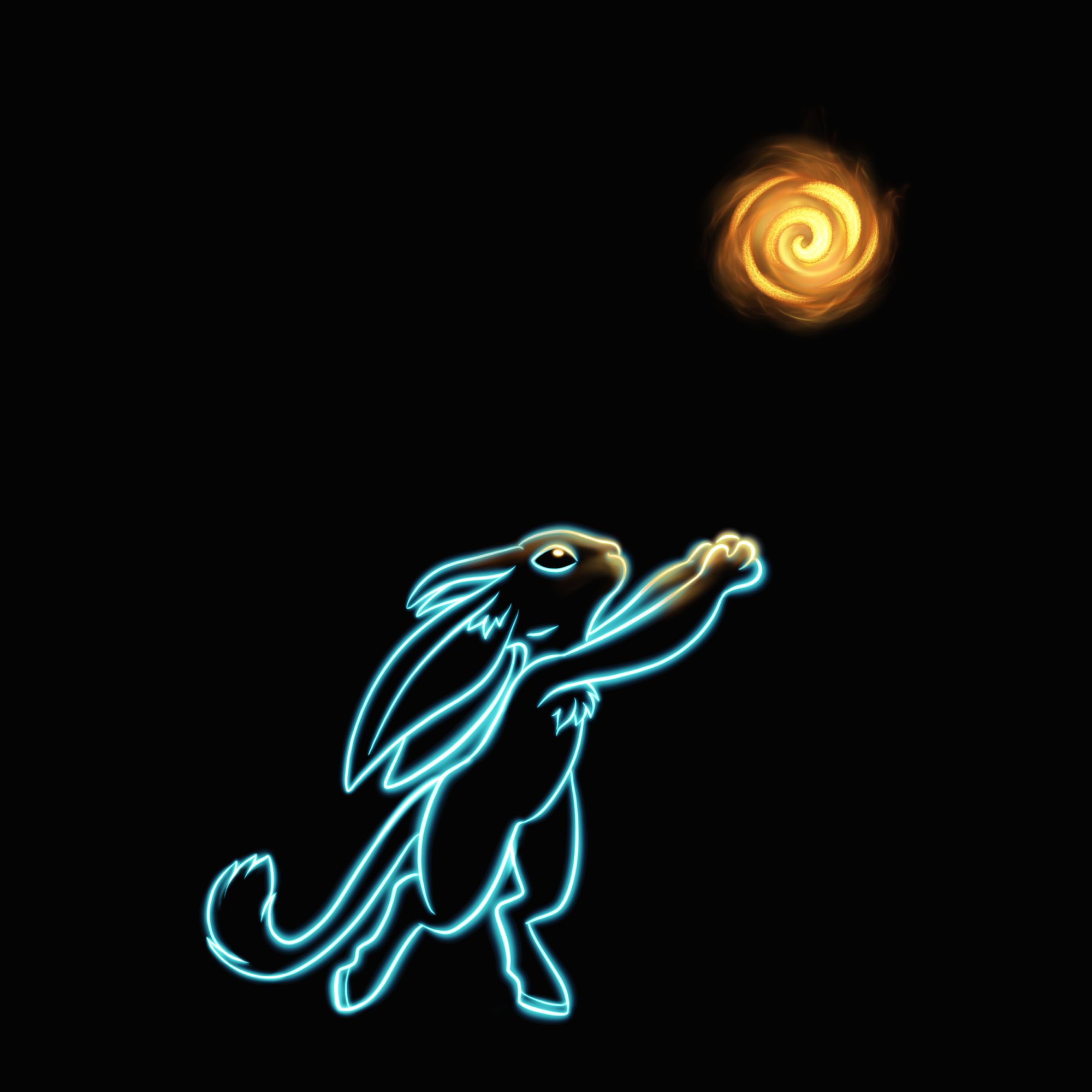 neon-style doodle of ori character reaching for orange glowing orb above them