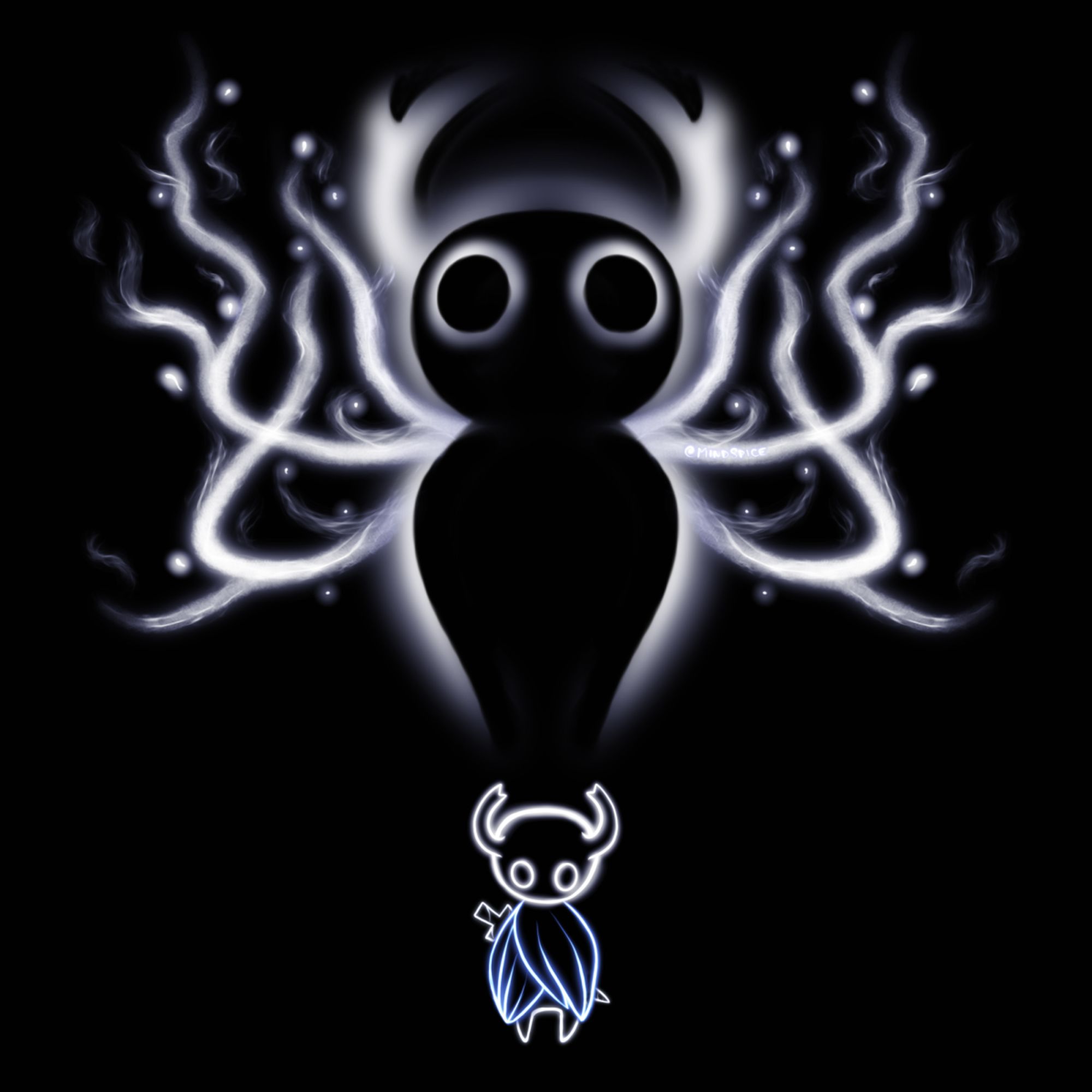 digital drawing of fanart of the game Hollow Knight, neon style on a black background