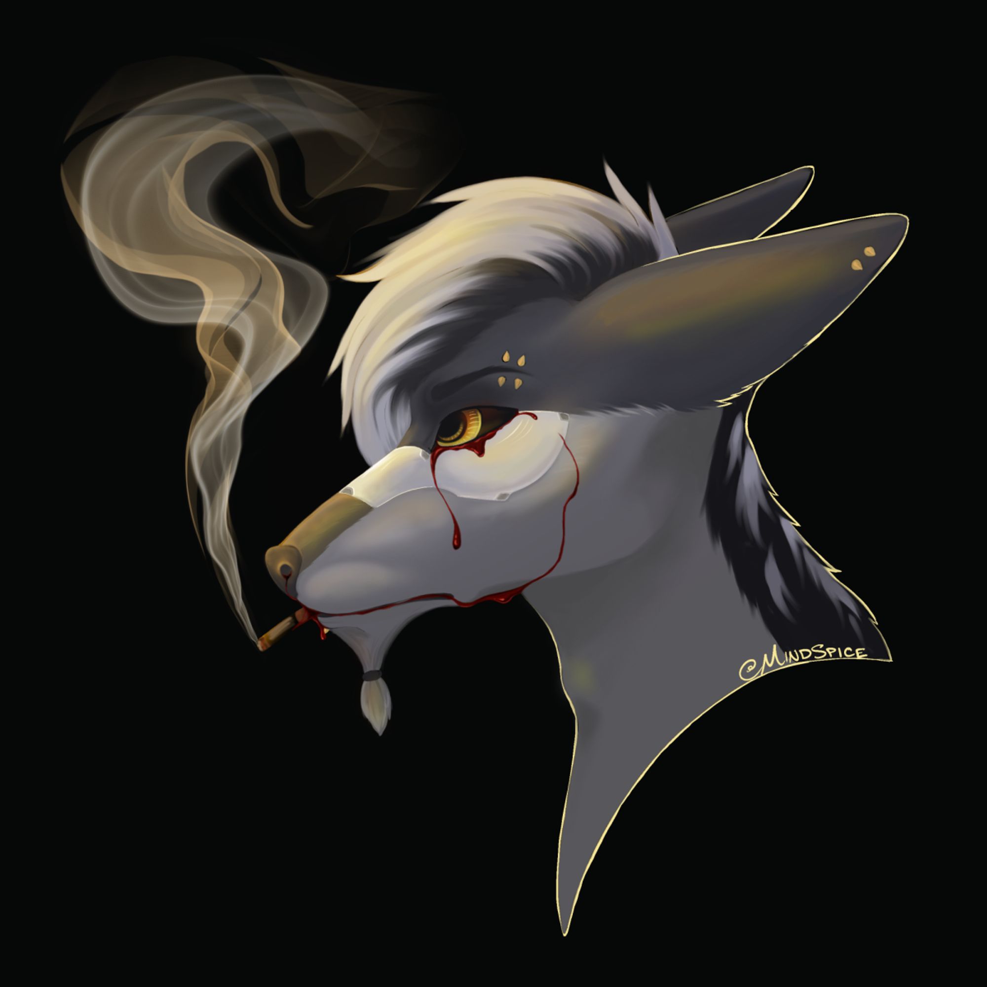 Digitally rendered drawing of a jackal character with blood dripping from his eyes/nose/mouth