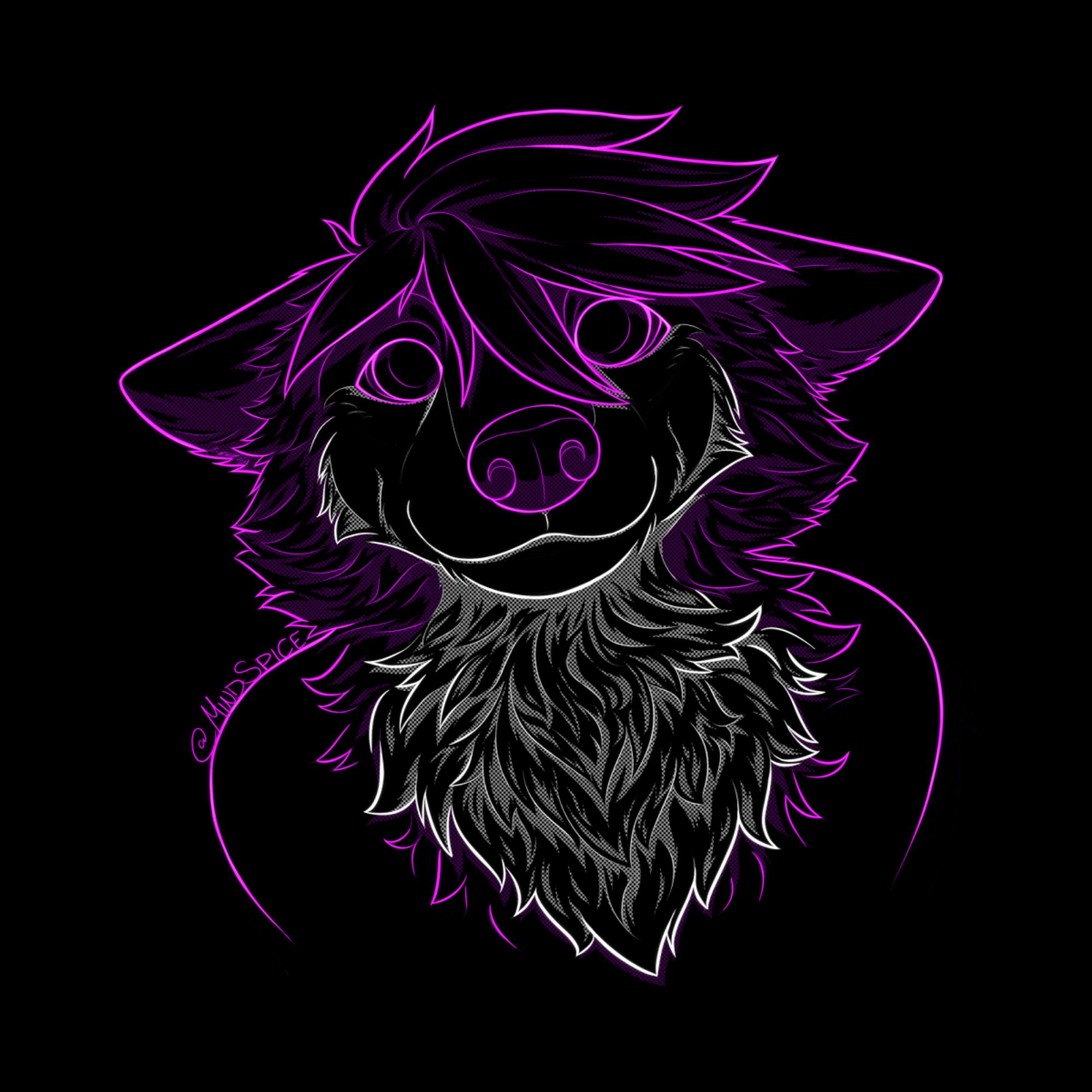 neon-style digital drawing on a black background of a wolf character with sparkling eyes staring up at the viewer