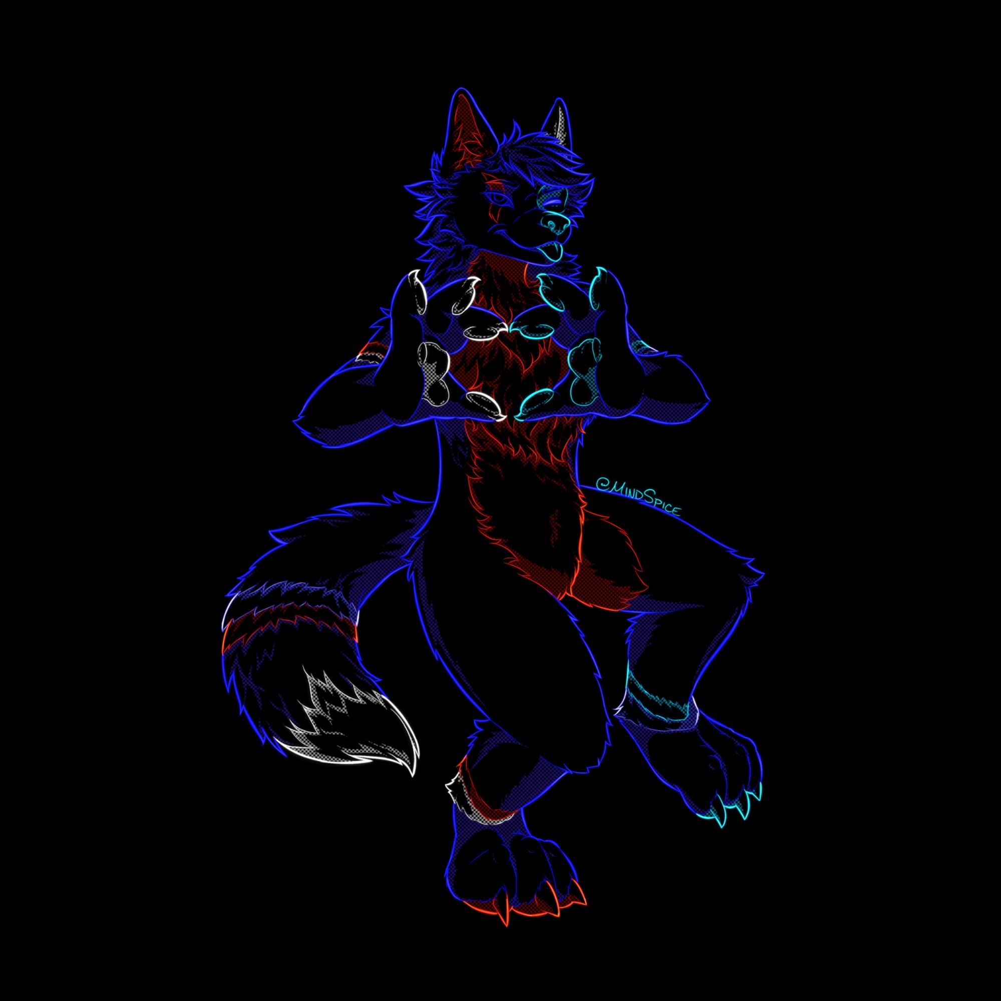 digital art drawing of a wolf character in blue and red making a heart with his hands on a black background