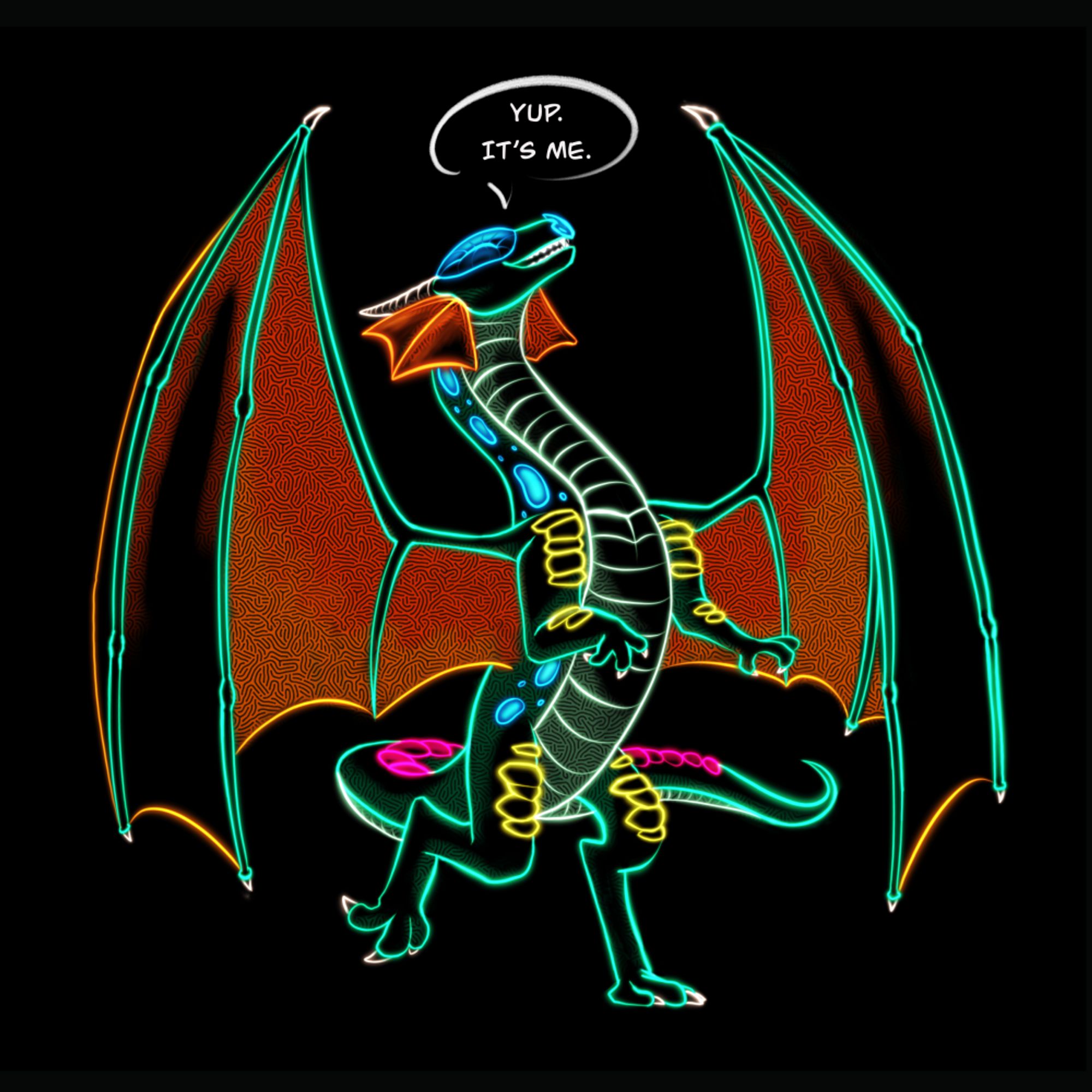 digital drawing of the dragon character Glory from the series Wings of Fire, character is on hinds legs with speech bubble that says "Yup. It's me." 