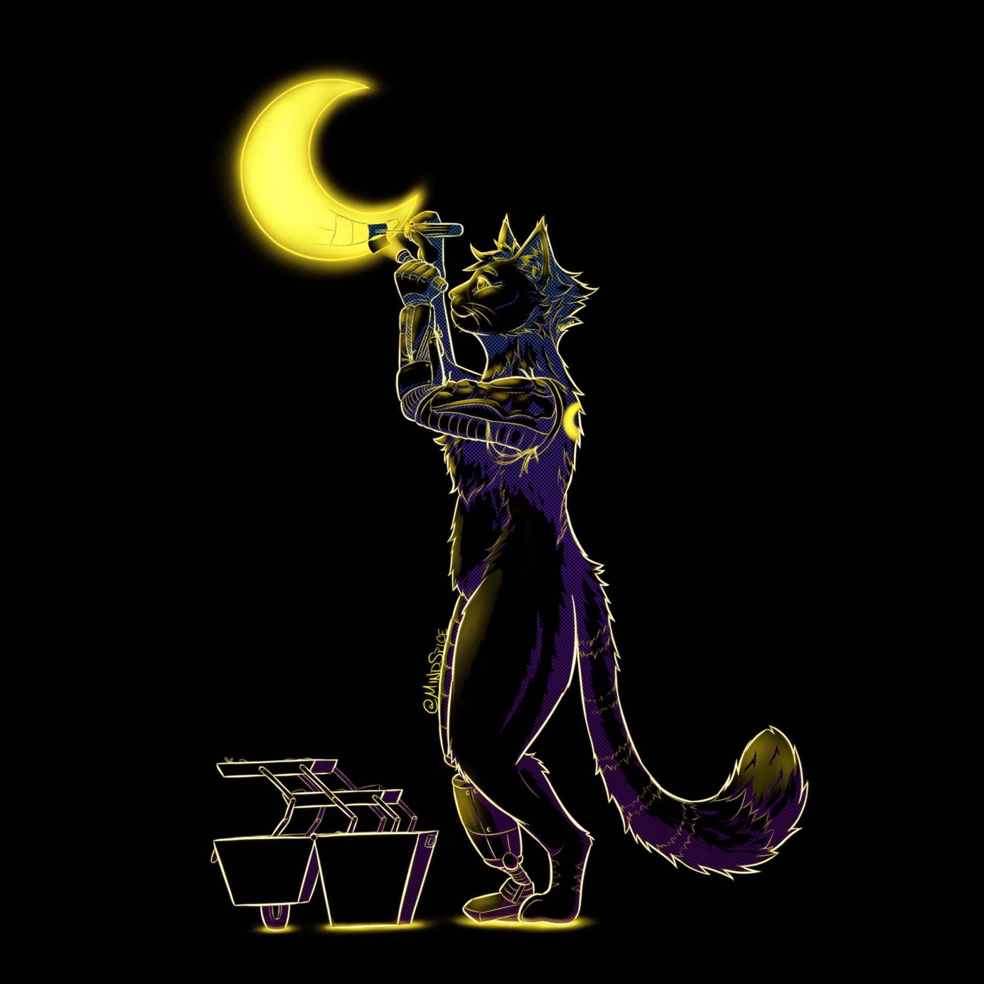 digital drawing of a cat character using tools to fix a crescent moon that glows, neon work on a black background