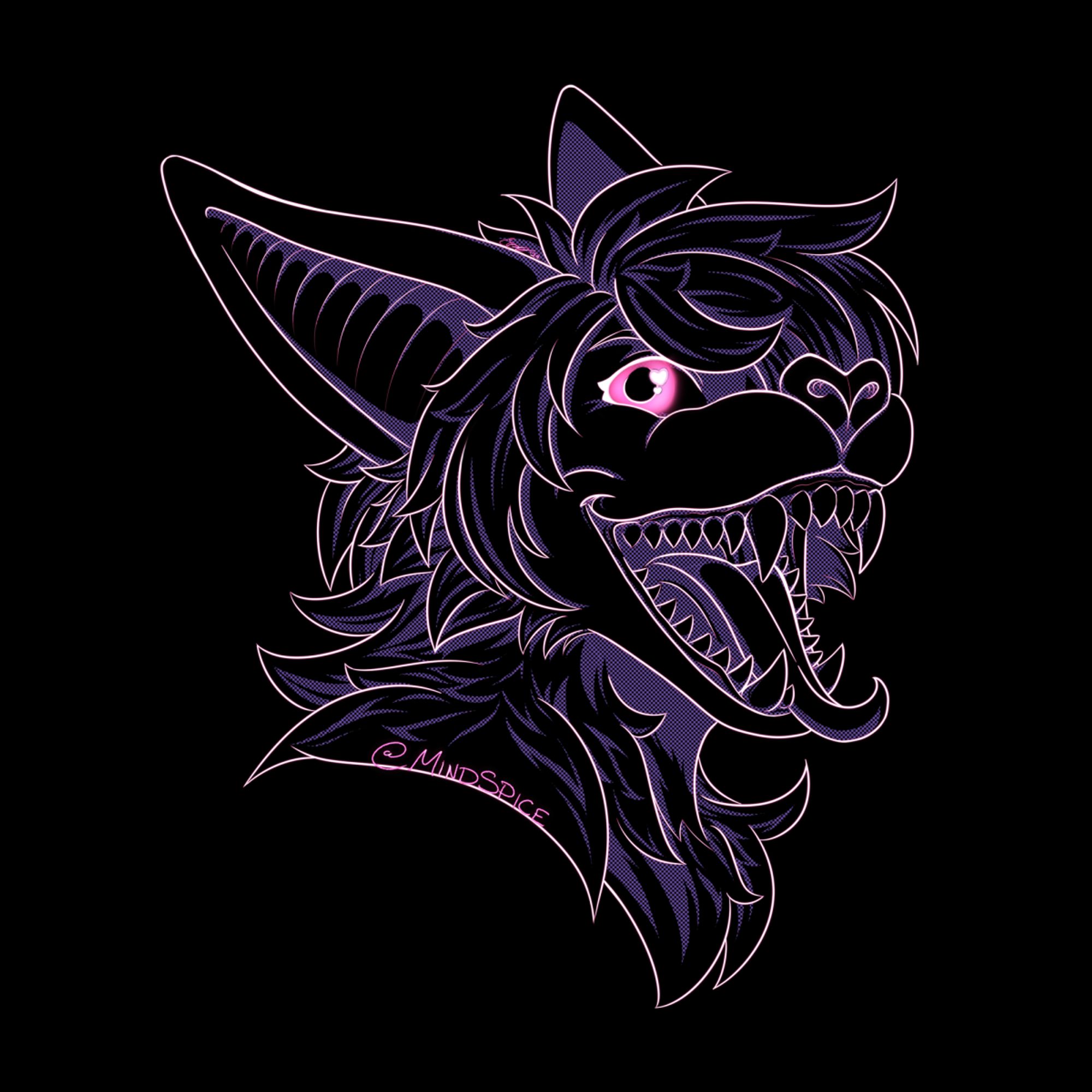 digital neon-style drawing of a bat character with mouth open and sharp teeth