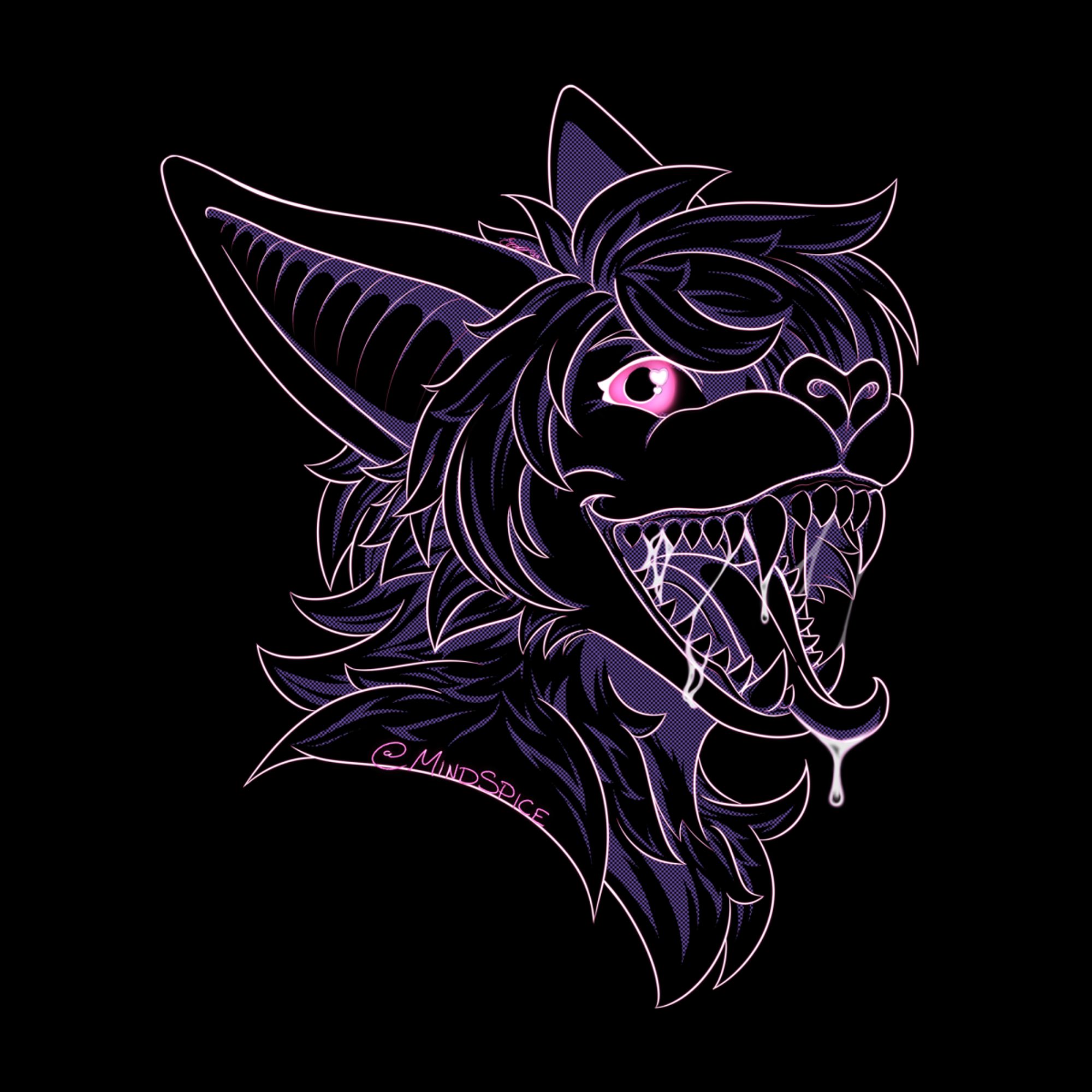 digital neon-style drawing of a bat character with mouth open and sharp teeth