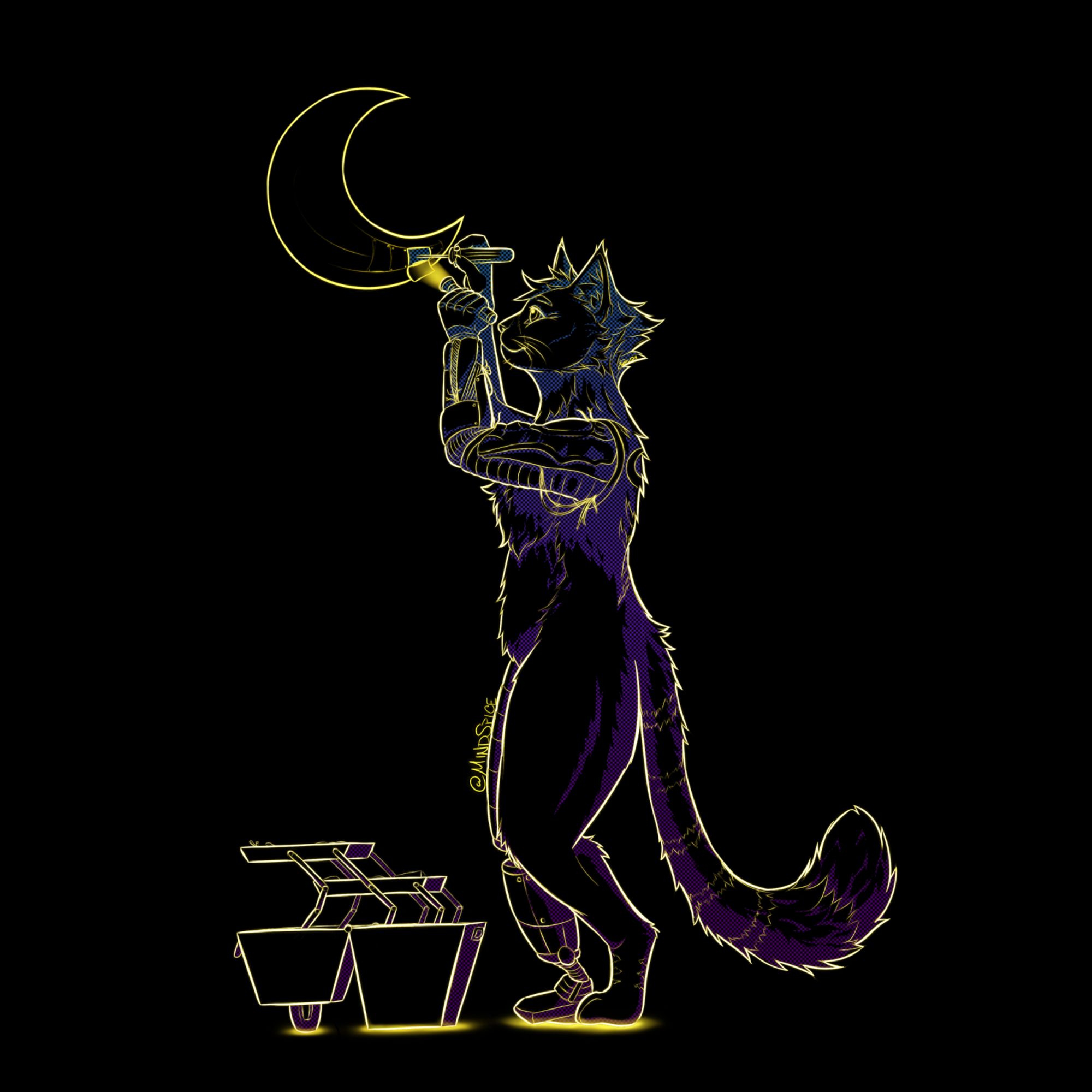 digital drawing of a cat character using tools to fix a crescent moon that glows, neon work on a black background