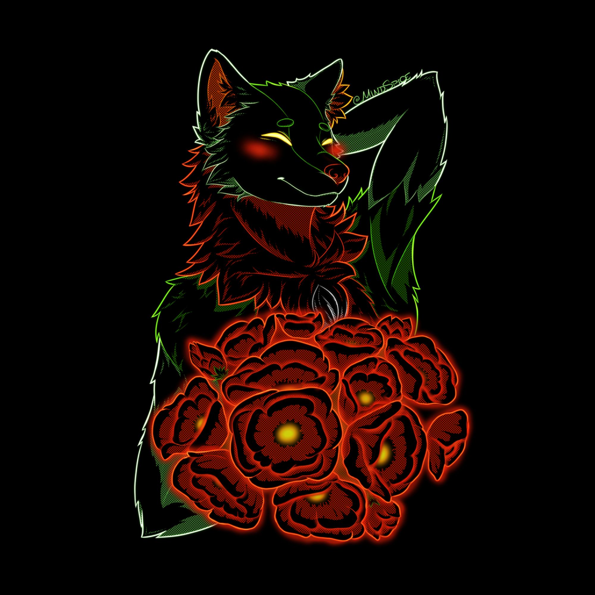 digital art of a green and red wolf drawing with red poppy flowers on a black background  