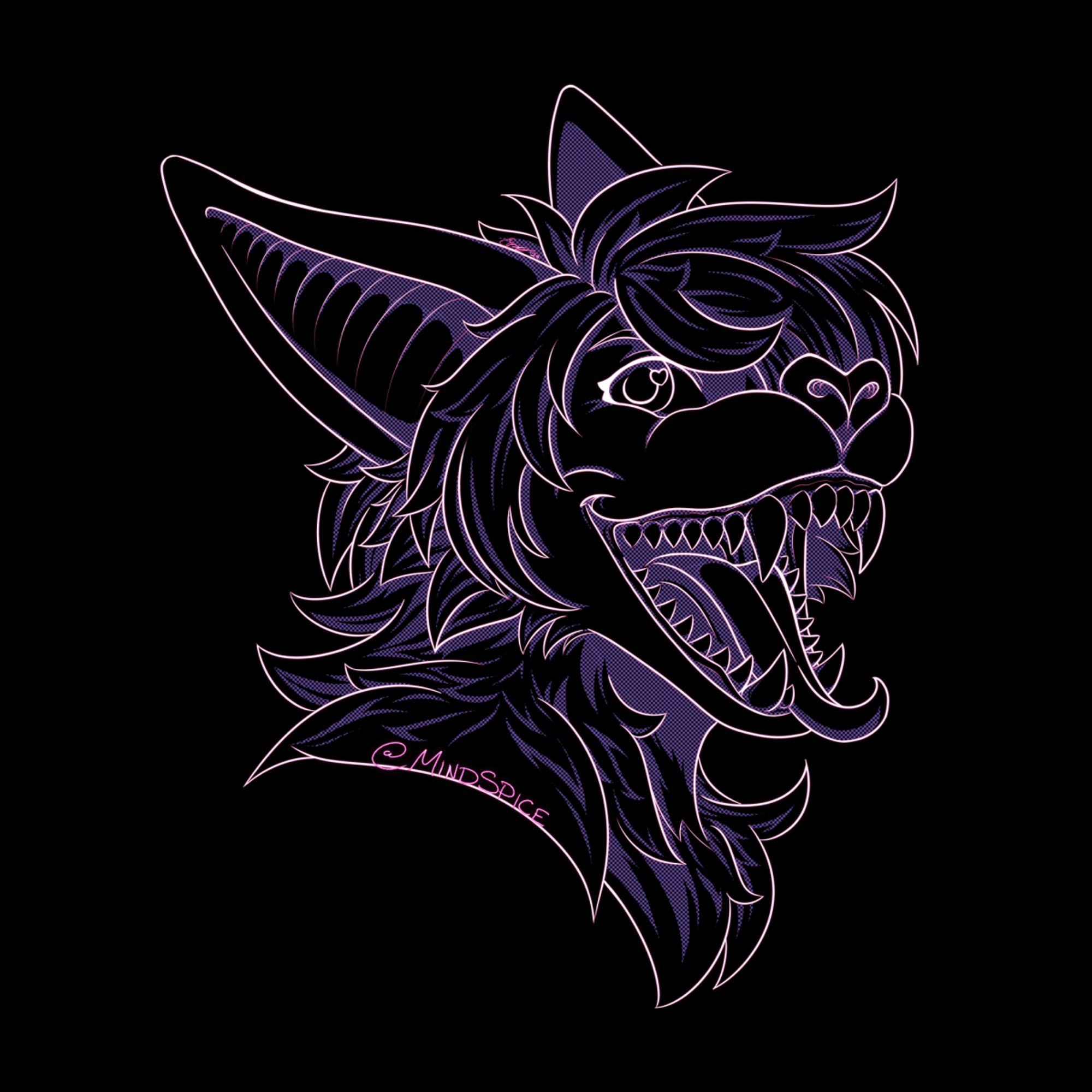 digital neon-style drawing of a bat character with mouth open and sharp teeth