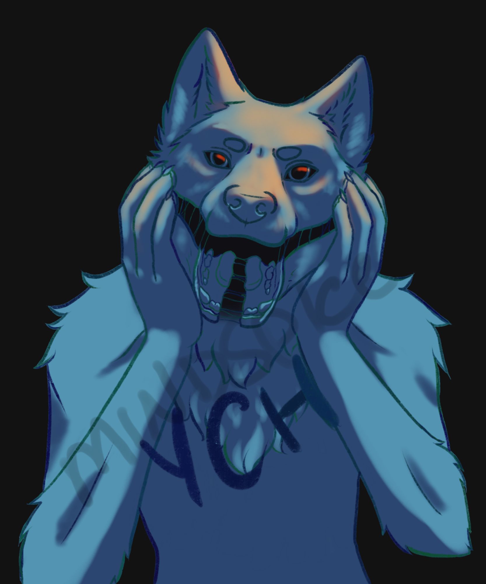 digital drawing of a ych base of a blue wolf anthro with his face split into 3 pieces