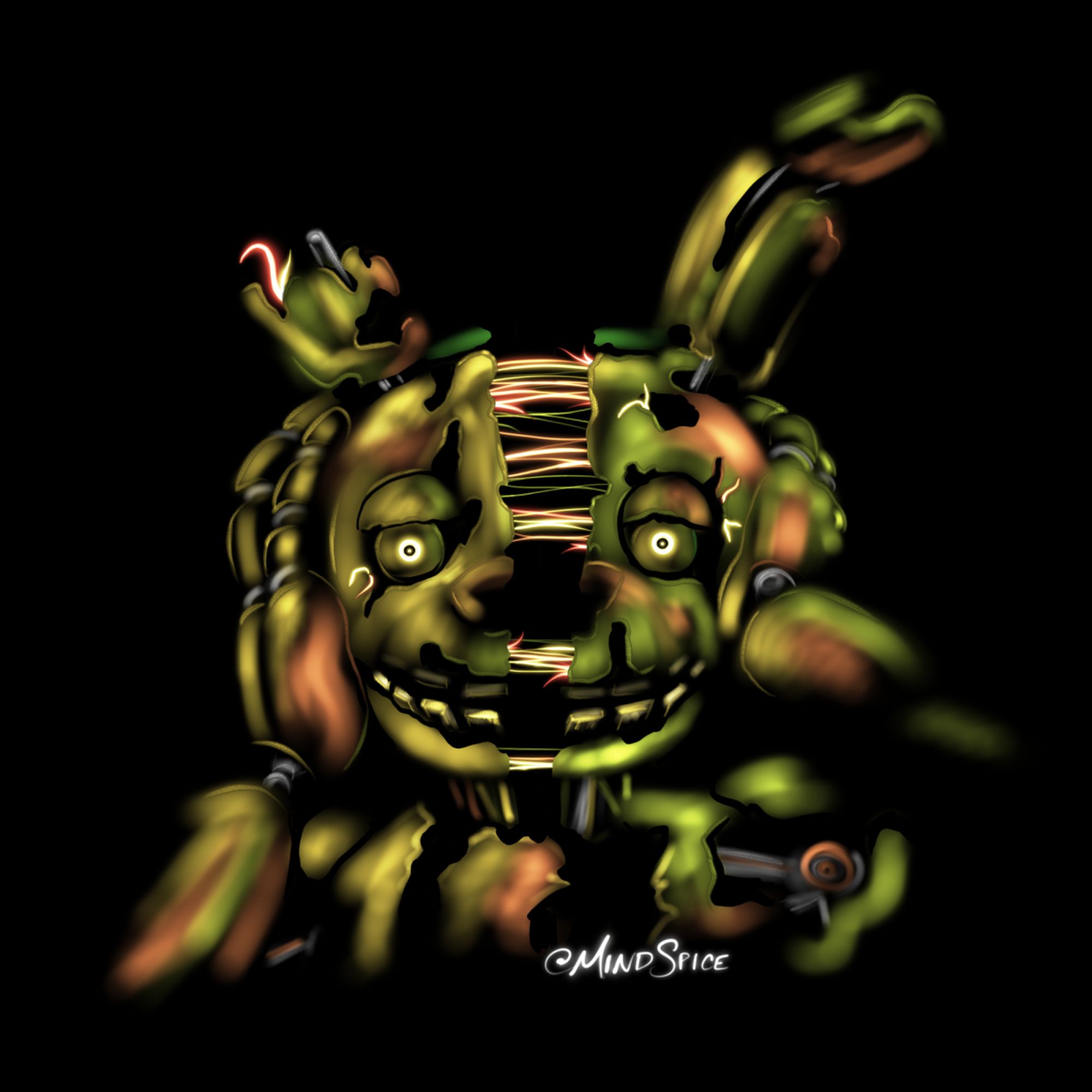 digital painting of springtrap from the five nights at freddy's franchise holding either side of his head as it splits apart, revealing neon wires, on a dark background