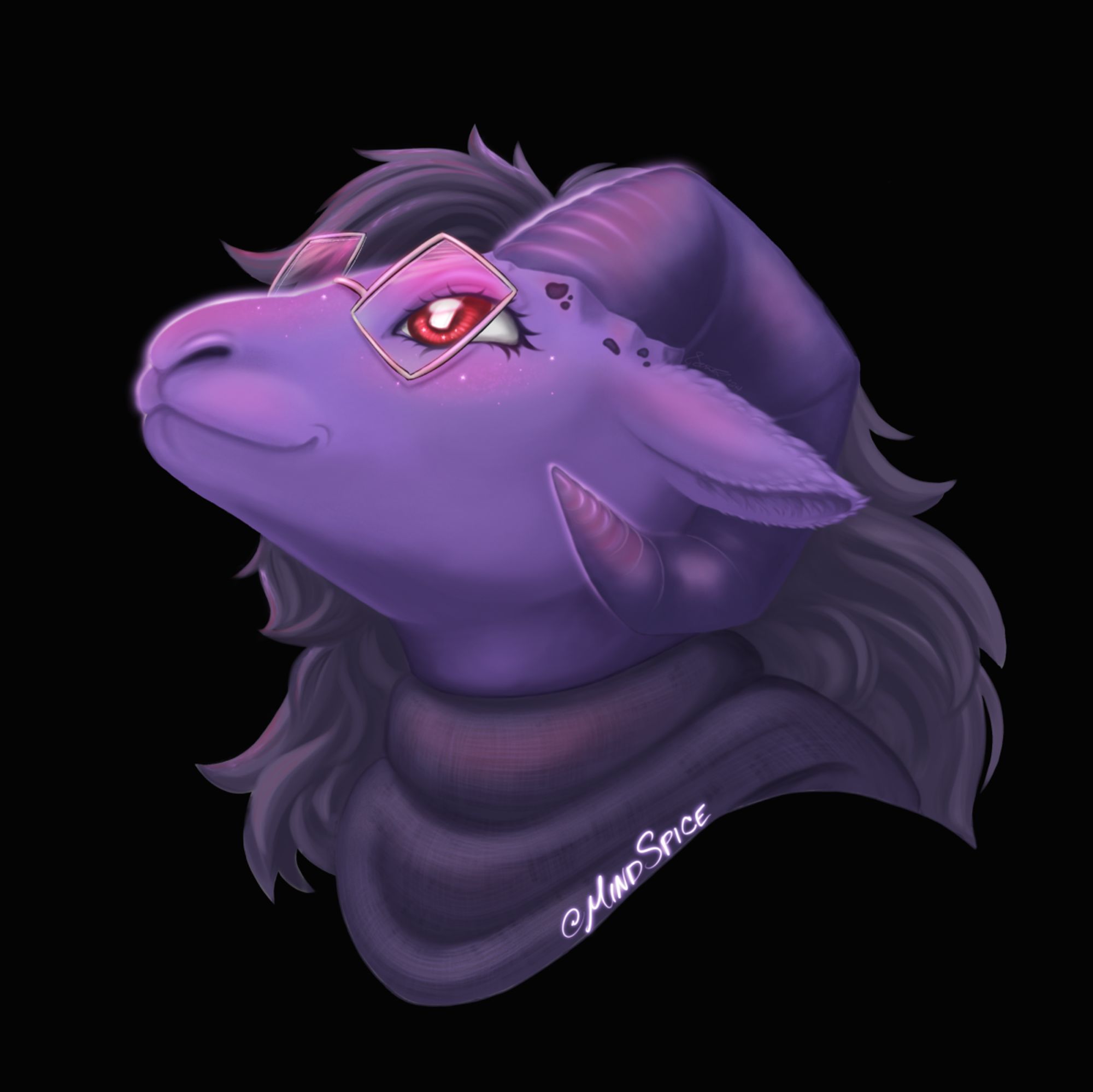 digitally rendered image of a purple goat character wearing glasses 