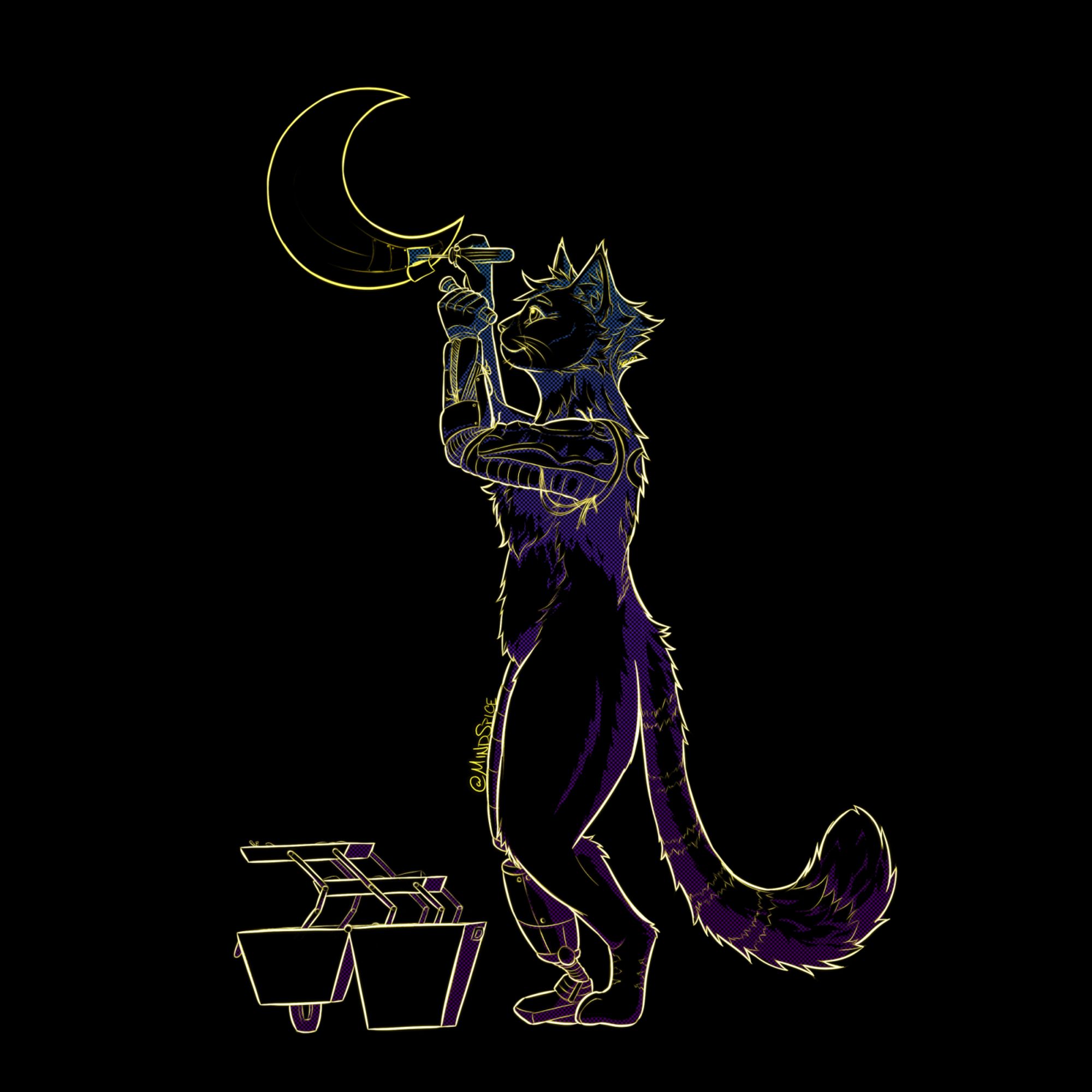 digital drawing of a cat character using tools to fix a crescent moon that glows, neon work on a black background