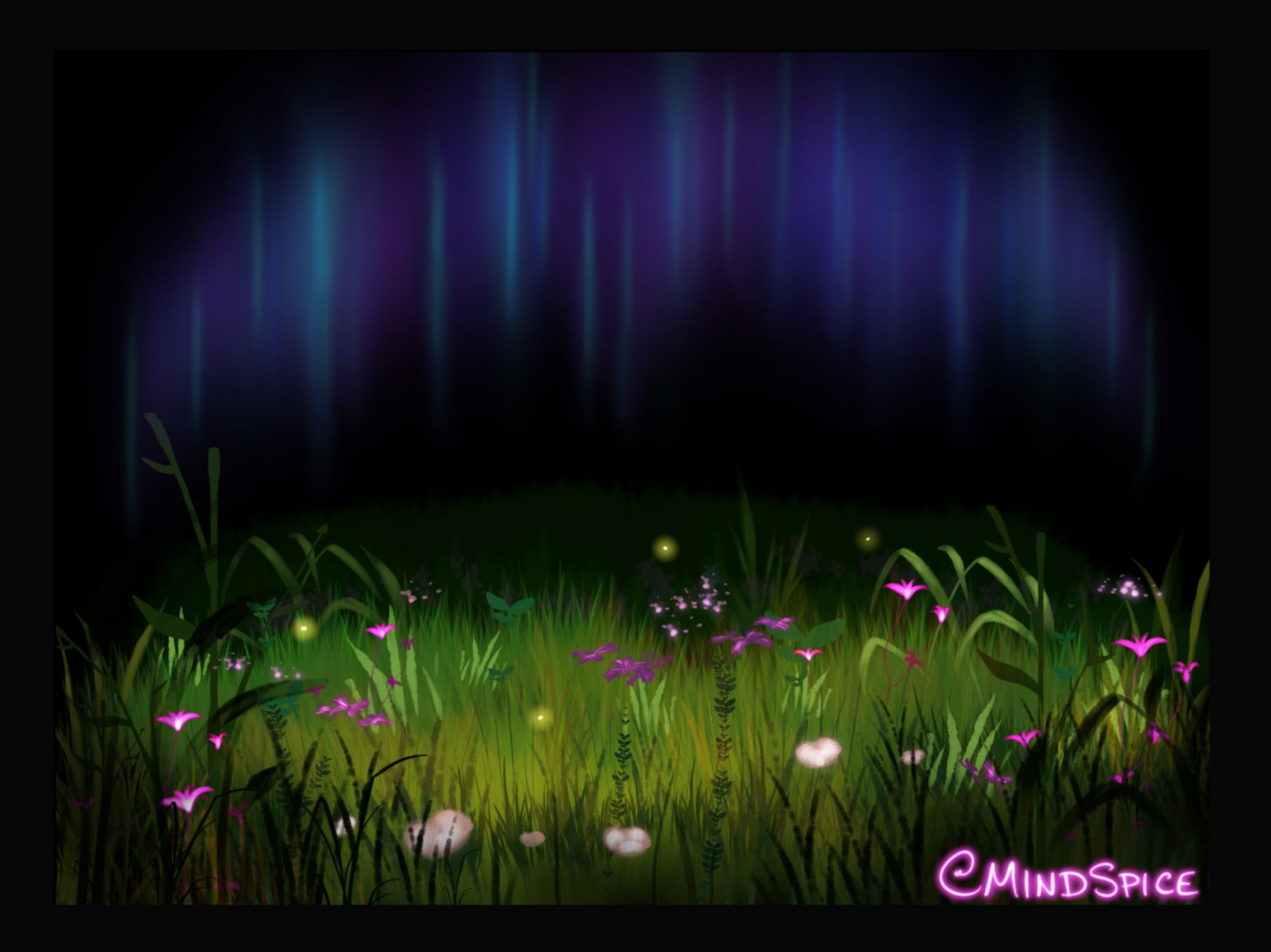 digital drawing of a dark landscape with glowing flowers and fireflies in the foreground