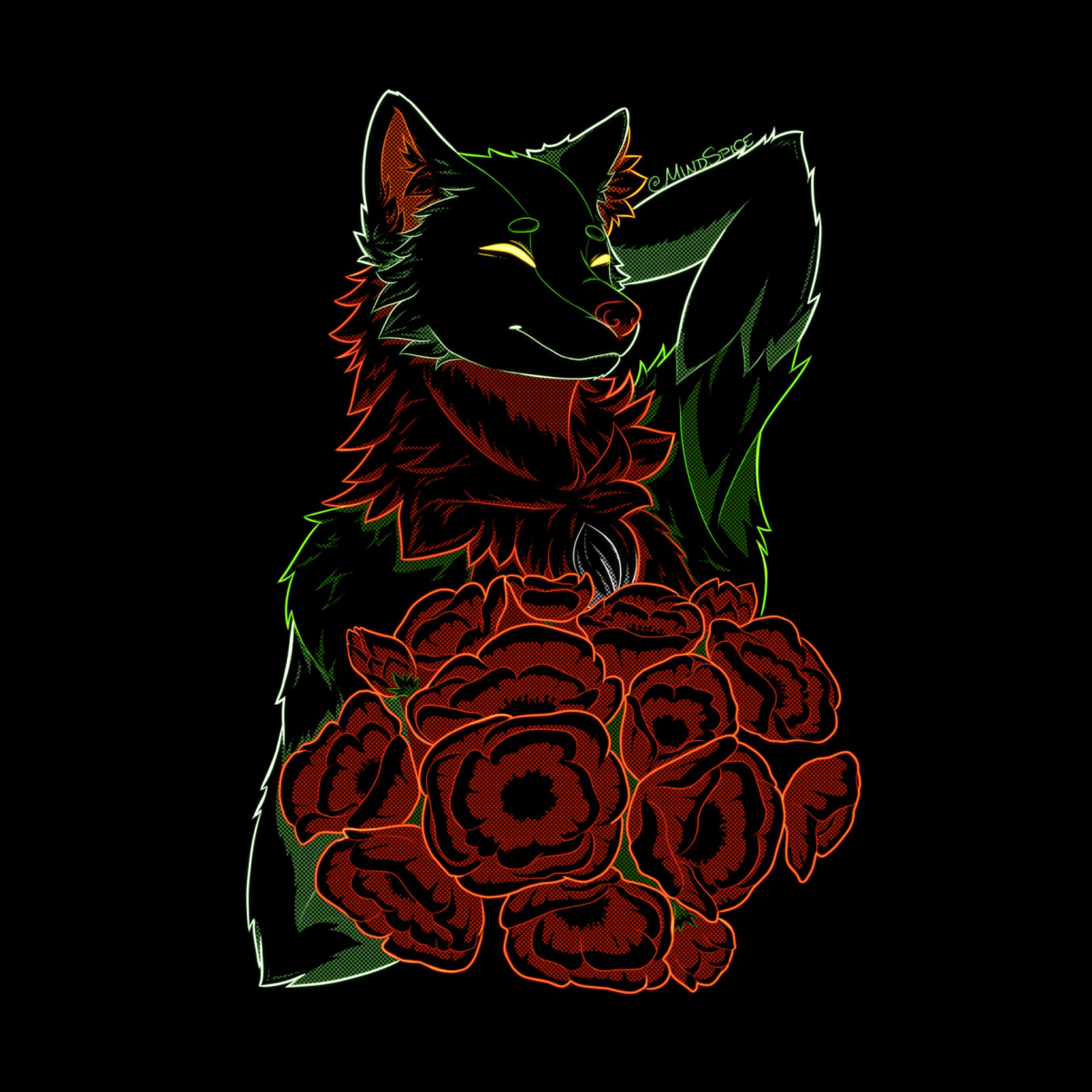 digital art of a green and red wolf drawing with red poppy flowers on a black background  