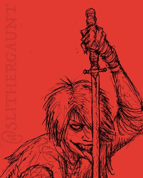 Evil woman licking sword