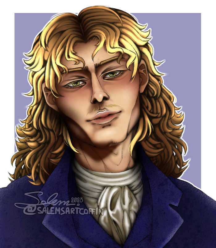 Drawing of a handsome long-haired blonde man with green eyes and a chiseled face. He is wearing clothes that are reminiscent of renaissance times.