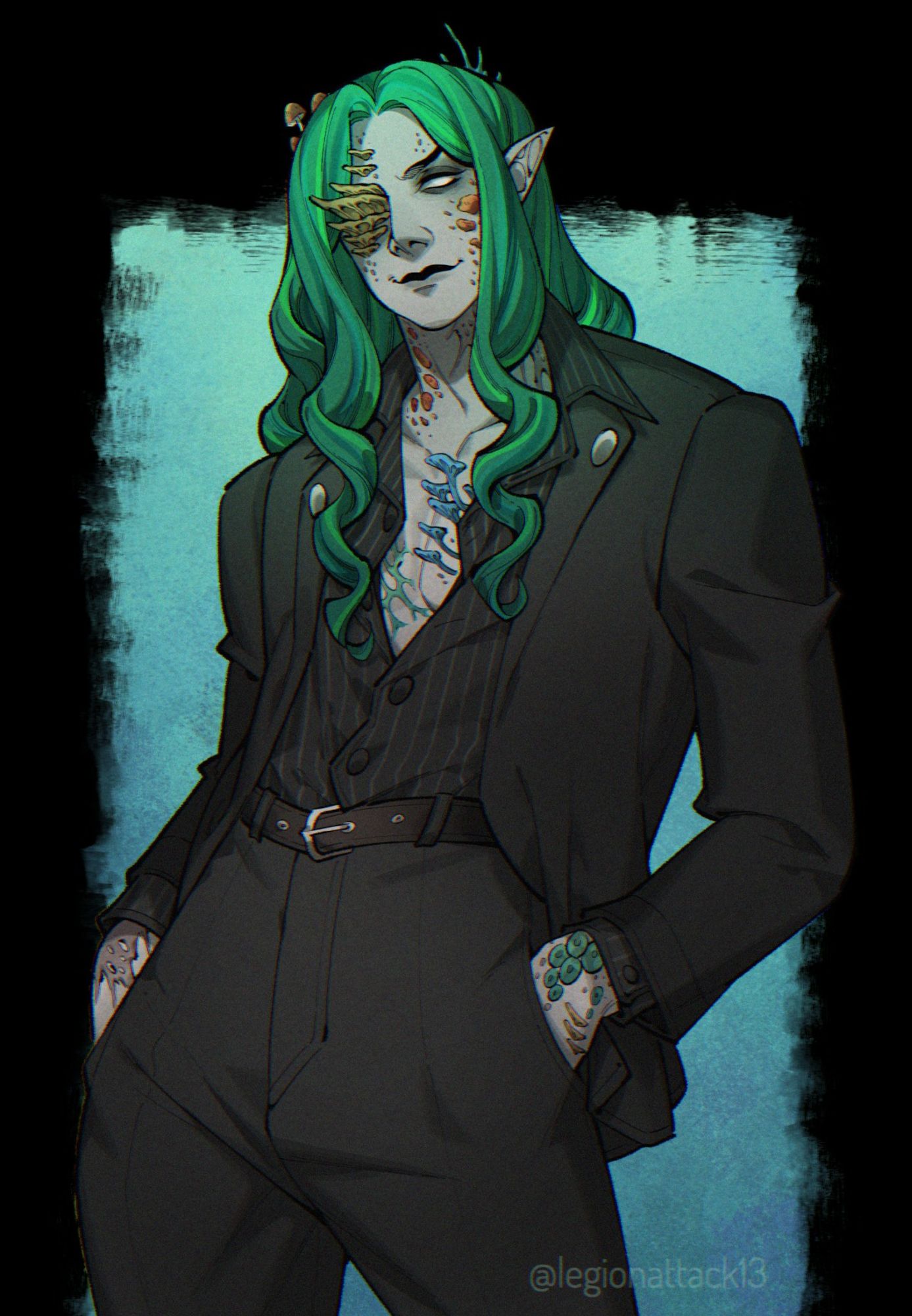 Digital drawing of Miluigwanath, a Reborn Elf Spore Druid with grey skin and long green, wavy hair. He's wearing a black corporate goth pin strip suit. His body is covered in mushrooms. The drawing is by legionattack13.