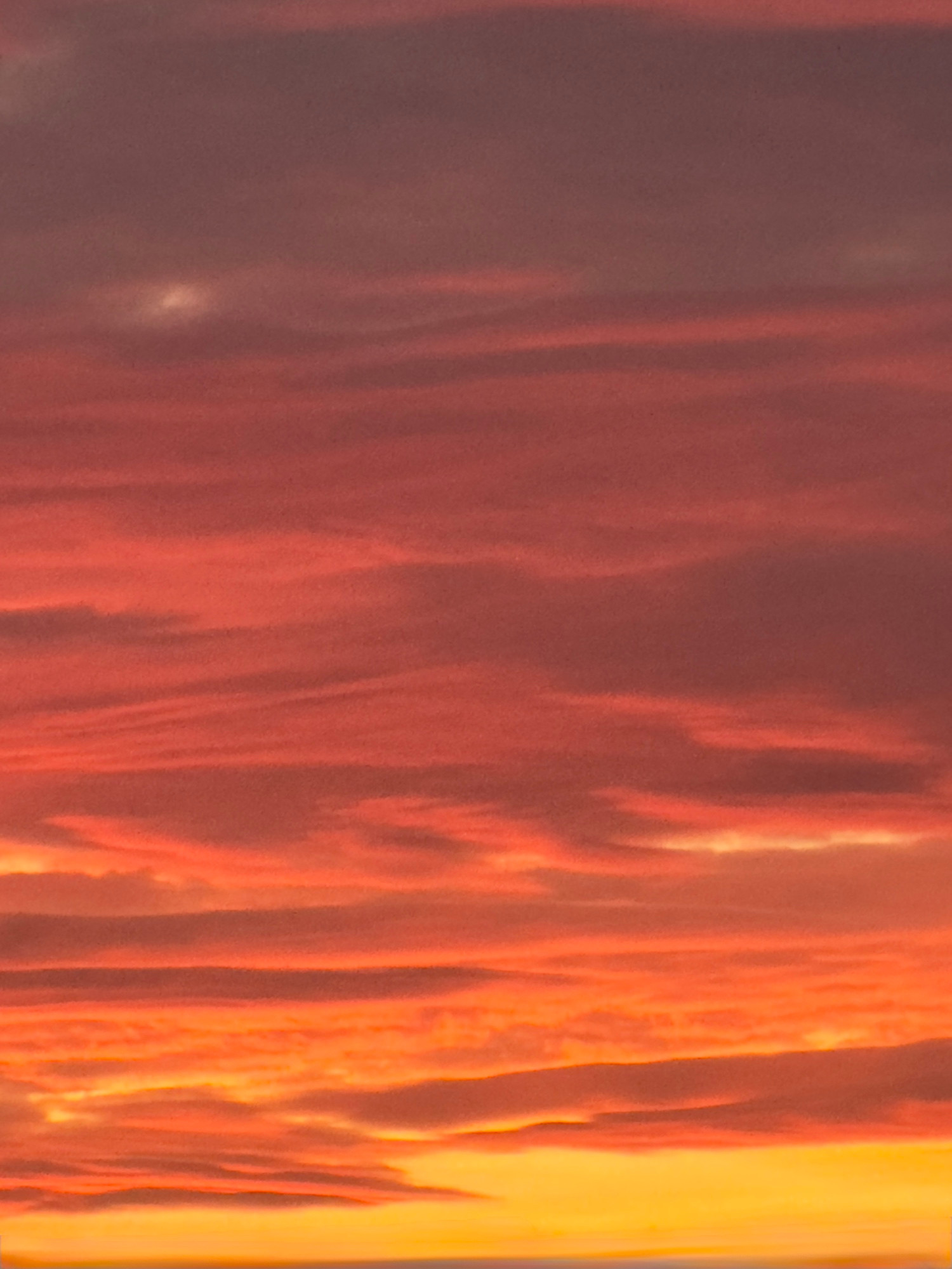 Sky at sunrise. Yellow sky with orange-purple-red clouds, turning deep purple at top. 