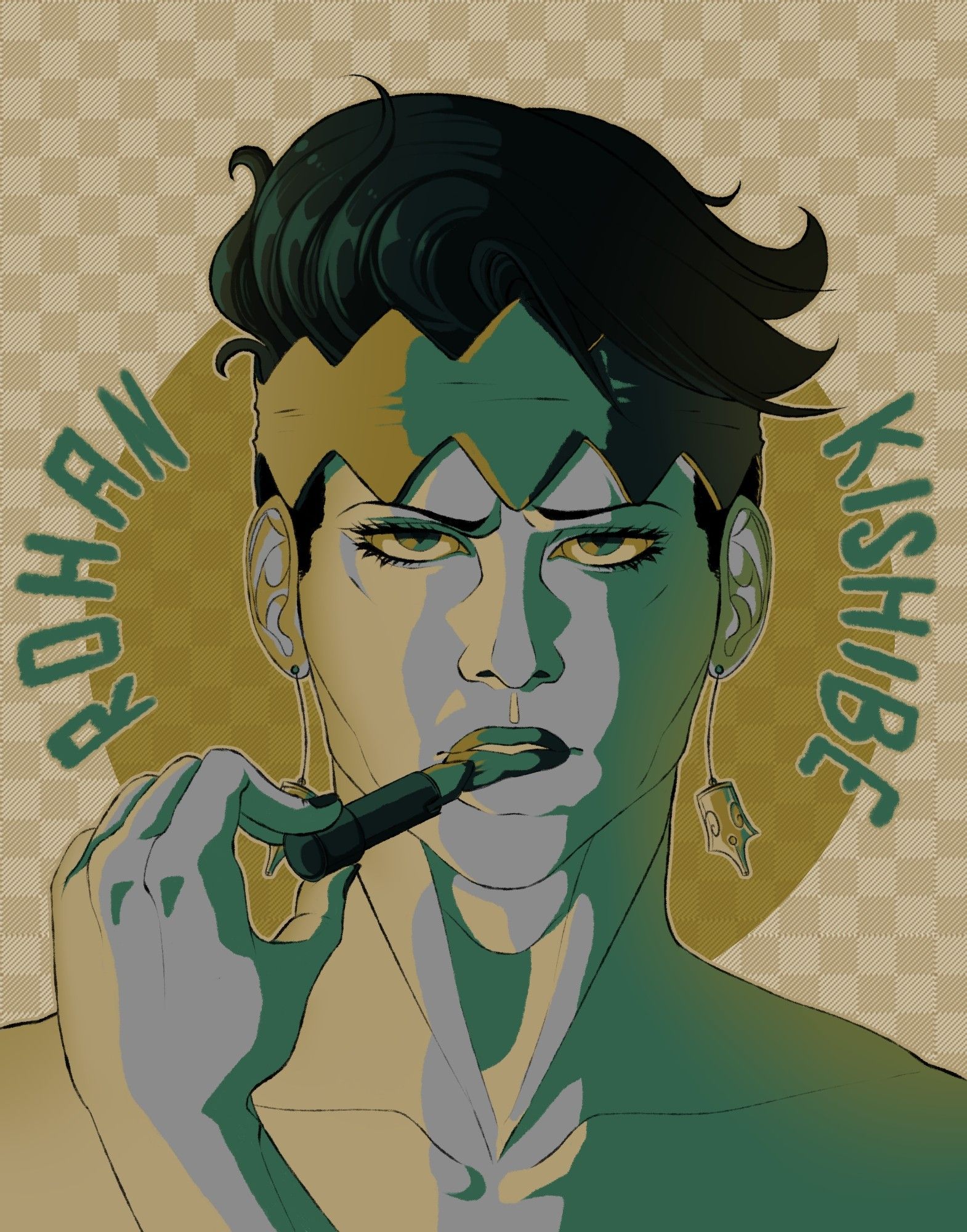 Jojo's Bizarre Adventure character, Kishibe Rohan, putting on lipstick.