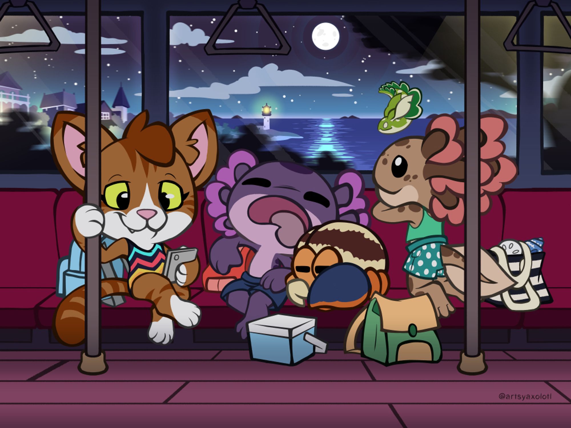 Five characters are seated on a train, headed home after a long day at the beach. From left to right: a brown striped cat named Shay scrolls on her phone. Steve the purple axolotl is fast asleep with his arm over his backpack and slumped onto his friend Blue the hermit crab. Blue is tucked into her shell beside him. Lastly, is Pretzel, a brown and pink axolotl, who is sitting up looking out the window with Crouton the green lettuce sea slug stuck to the window above her. Outside, the beach town flies by, the moon reflected off the water.