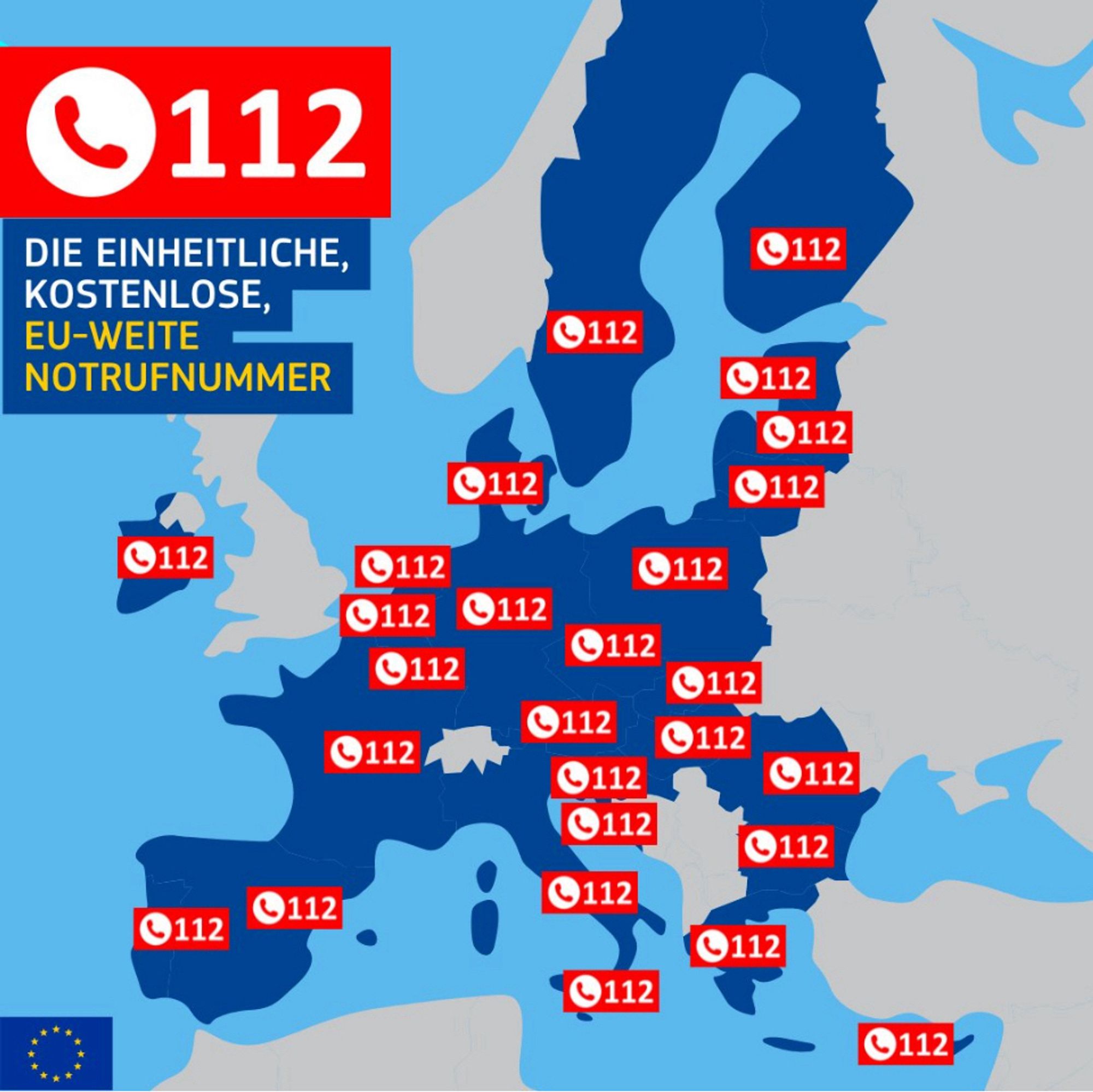 Landkarte mit den EU-Mitgliedstaaten, alle mit dem roten Hinweis-Button versehen: 📞112

Oben links steht: 112, die einheitliche, kostenlose EU-weite Notrufnummer