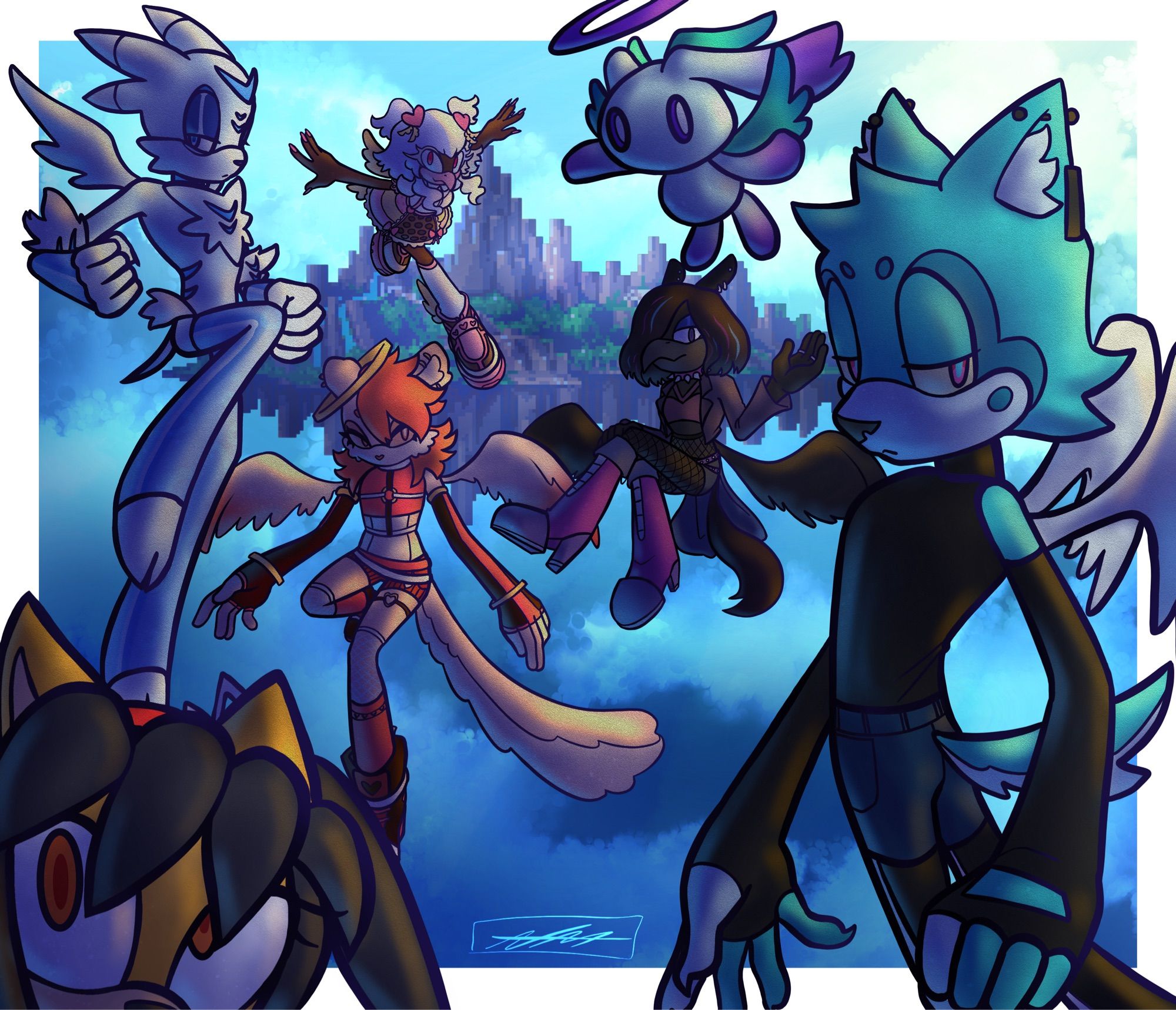 A drawing of multiple Sonic OCs with angel theming in front of Angel Island