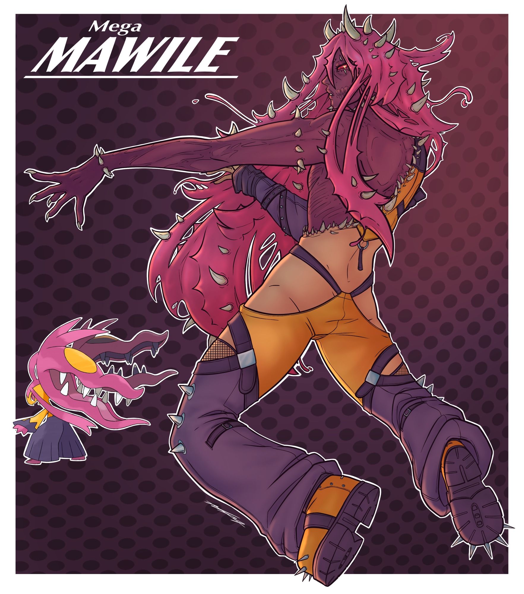 A Pokémon gijinka based off of Shiny Mega Mawile, a person with skin turning inside out to reveal not-quite-muscle-like flesh, akin to a mimic