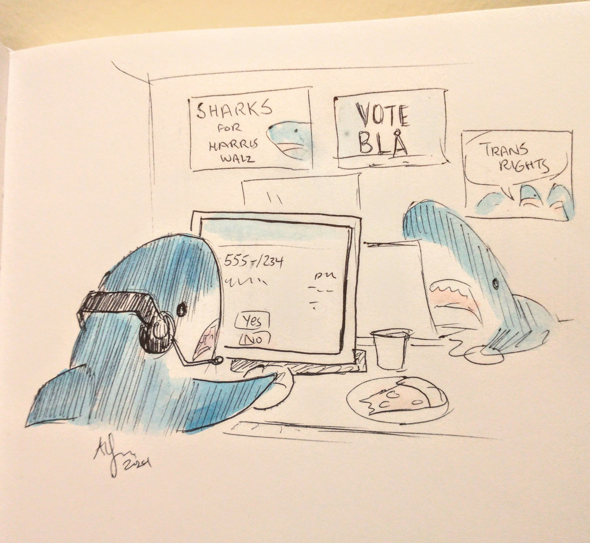 Drawing of a couple of blahaj blue sharks at a computer on a phonebank, with posters on the wall Sharks for Harris Walz, Vote Blå, trans rights