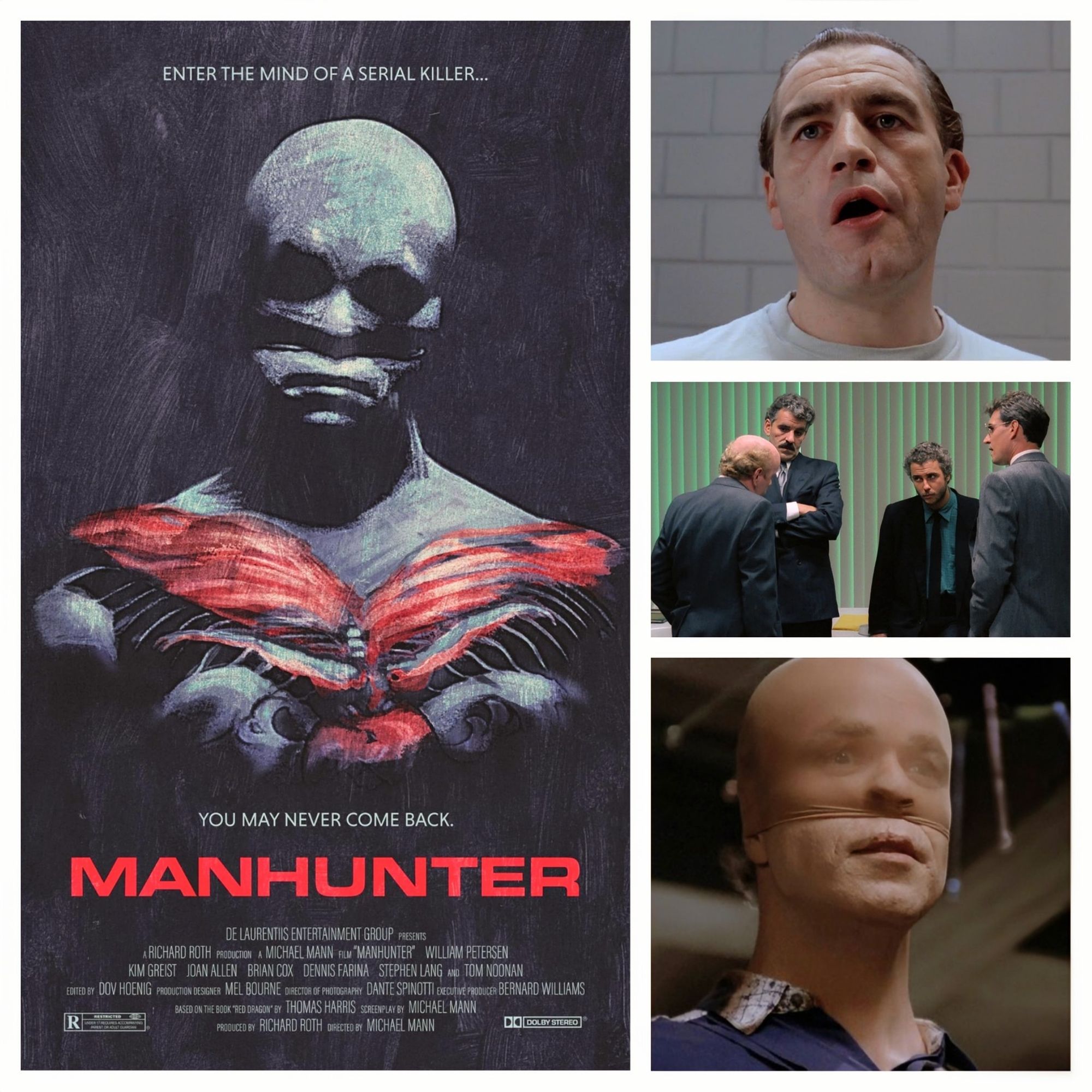 Photo collage of a promotional poster and images from Michael Mann's 1986 horror/thriller "Manhunter," based on the Thomas Harris novel "Red Dragon. Top: Brian Cox as Hannibal Lecktor. Middle: Leads Dennis Farina and William Petersen. Bottom: Tom Noonan as serial killer Francis Dollarhyde (aka The Tooth Fairy). Available on digital, DVD and Blu-ray. Streaming free on Pluto TV and Freevee.