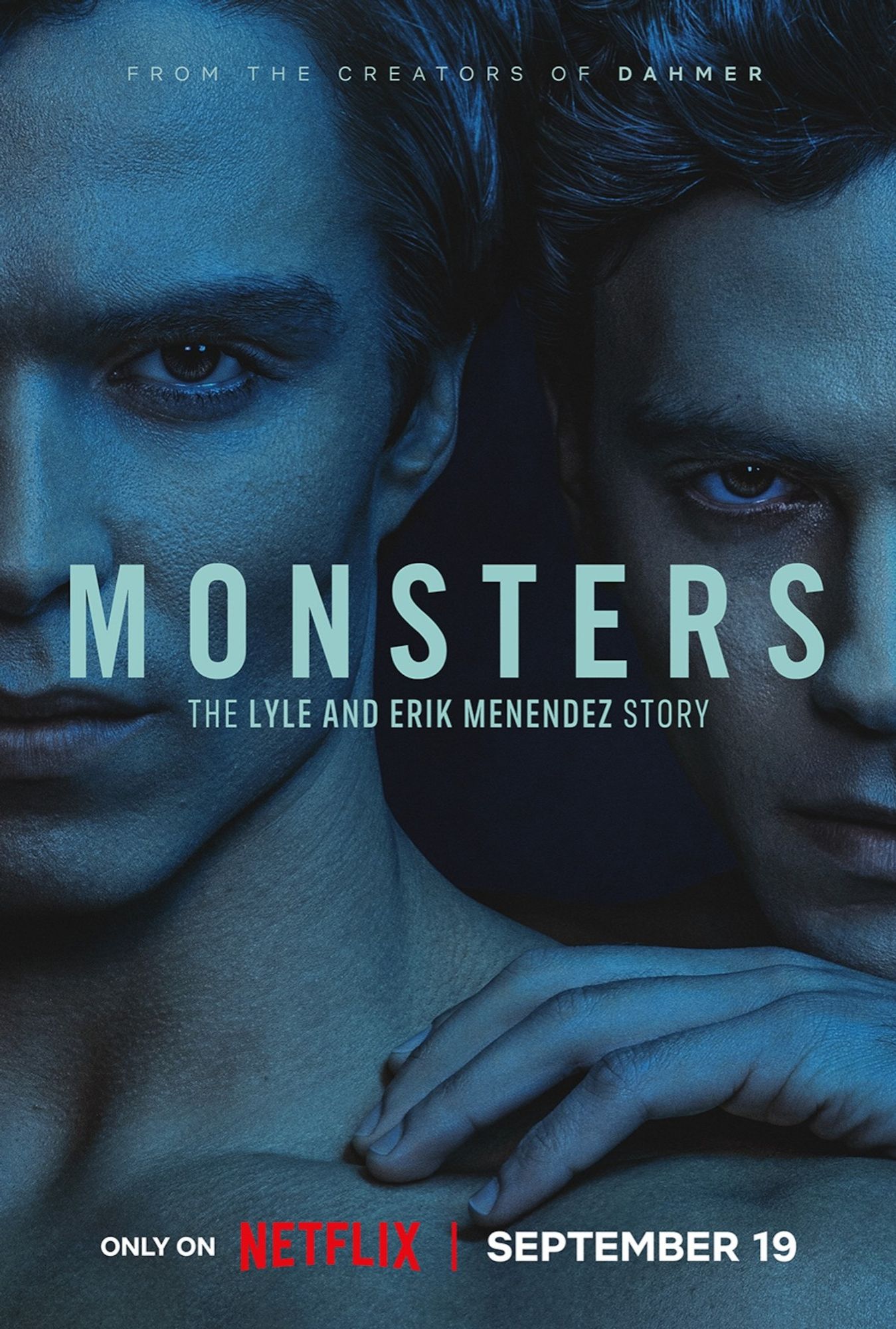 The official promo image for the Netflix series "Monsters: The Lyle and Erik Menendez Story" from producer Ryan Murphy. The image of the two shirtless actors playing the leads is deliberately hypersexualized sensationalism.