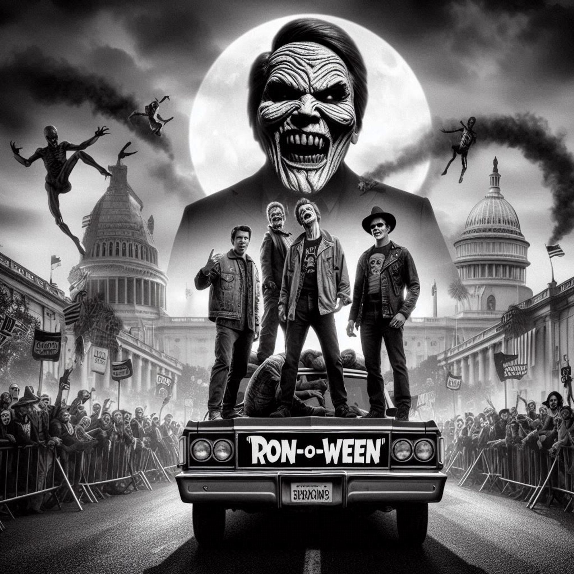 A black and white image of monster mayhem celebrating the kick off "Ron-O-Ween" tomorrow, October 1. One of my favorite Halloween horror movies every day, all month long. Image created in MS Co-Pilot using Dall-E 3.