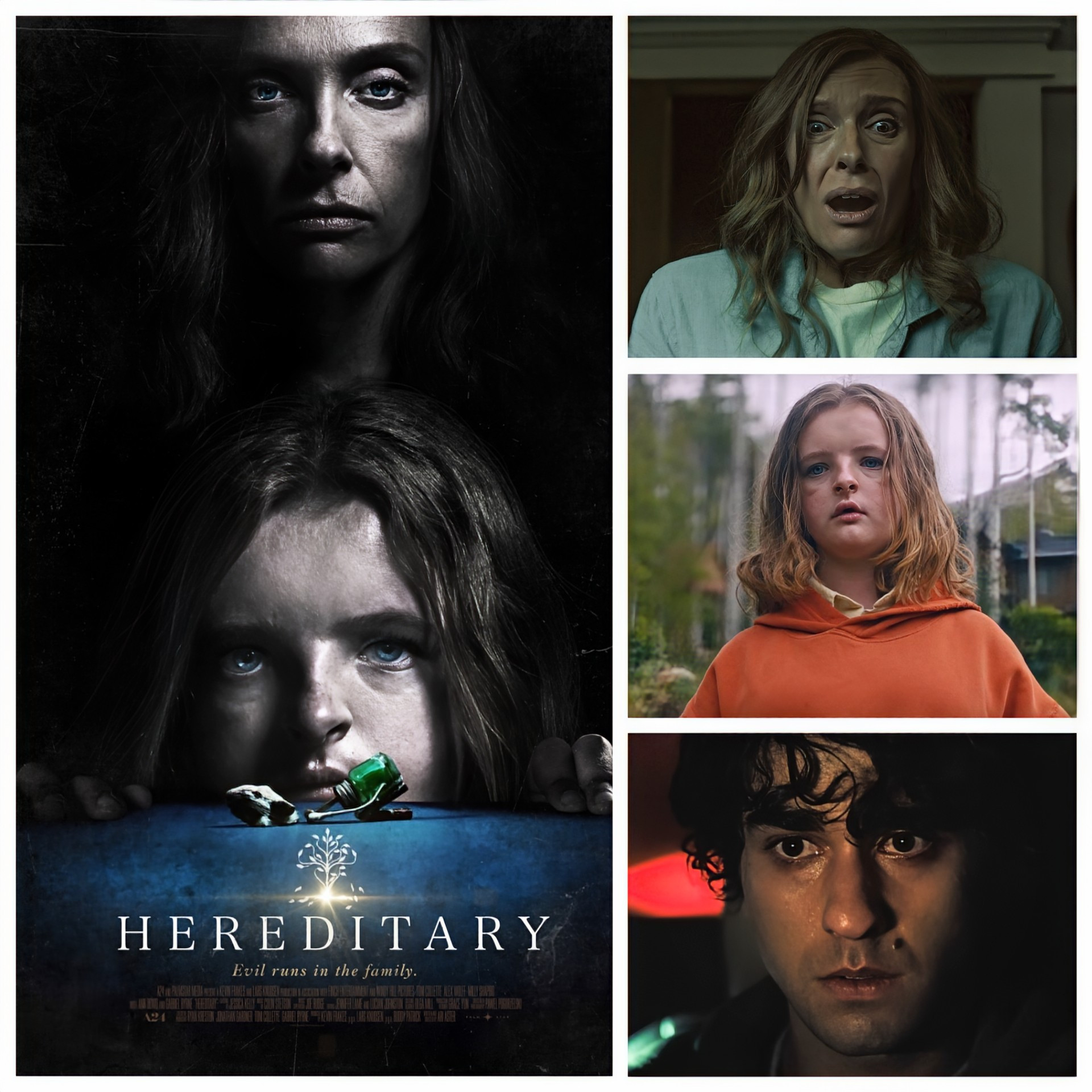 The theatrical one sheet and three images from director Ari Aster's 2018 psychological horror film "Hereditary" starring Toni Collette. If this wasn't an indie horror film (which rarely get much respect from Academy voters) she would have been a shoo in for an Oscar nomination. The film itself is sometimes too ponderous for its own good but, when it works, it's a terrifying experience. The supporting cast (including Gabriel Byrne, Ann Dowd, Alex Wolff and Milly Shapiro) is uniformly excellent. Collette is seen in the top right image, Shapiro in the middle right and Wolff in the bottom right. The film is currently #4 on A24's list of all time global box office grosses. Available on digital, Blu-ray and 4K UHD Blu-ray. Streaming on HBO/Max. 