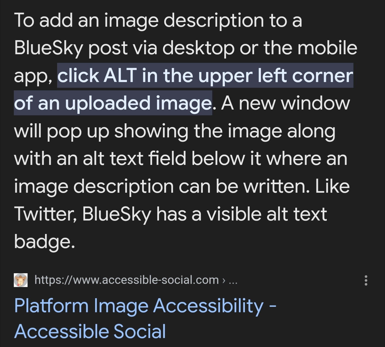 From Accessible Social: Instructions for adding alt text to images posted on BlueSky. BlueSky has a visible alt text badge.