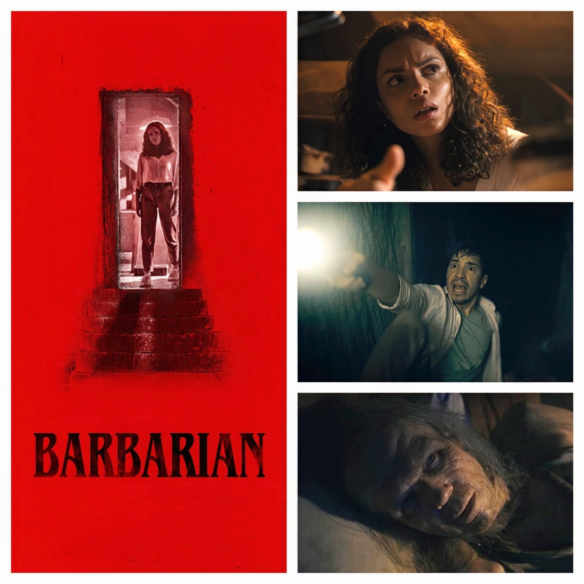 A collage of images and the promotional title card for Zach Cregger's 2022 horror film "Barbarian," starring Georgina Campbell, Justin Long and Bill Skarsgård. Available on digital and streaming on Hulu, Hulu on Disney+ and Prime Video.