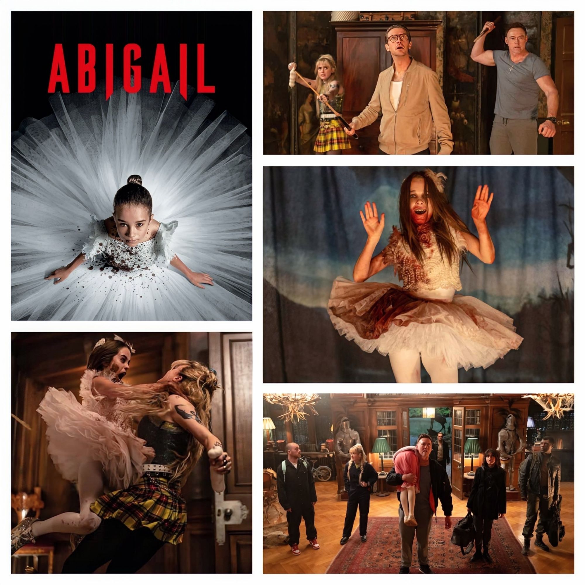 A collage of stills from the 2024 horror film ABIGAIL. Available on digital, Blu-ray and streaming on Peacock.