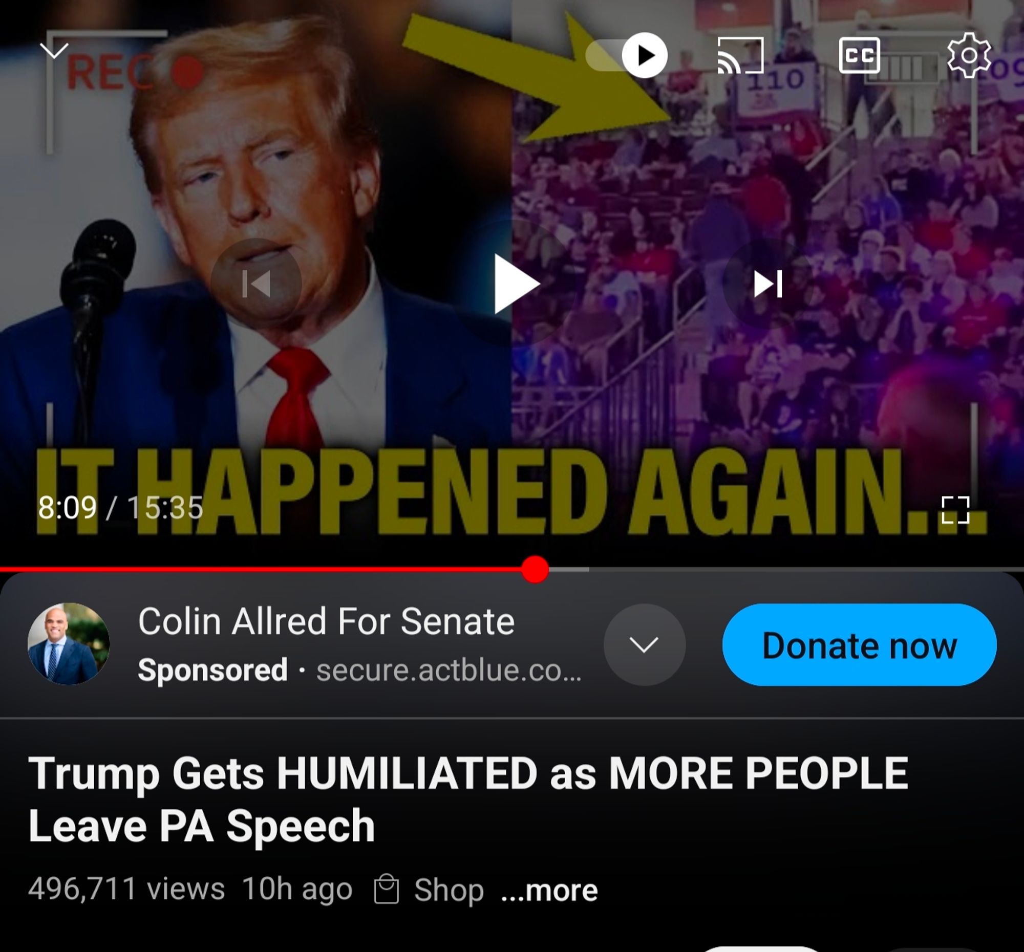 Screen grab from the YouTube video of Trump rally goers leaving in droves while he's still speaking. Link to video is in the post.