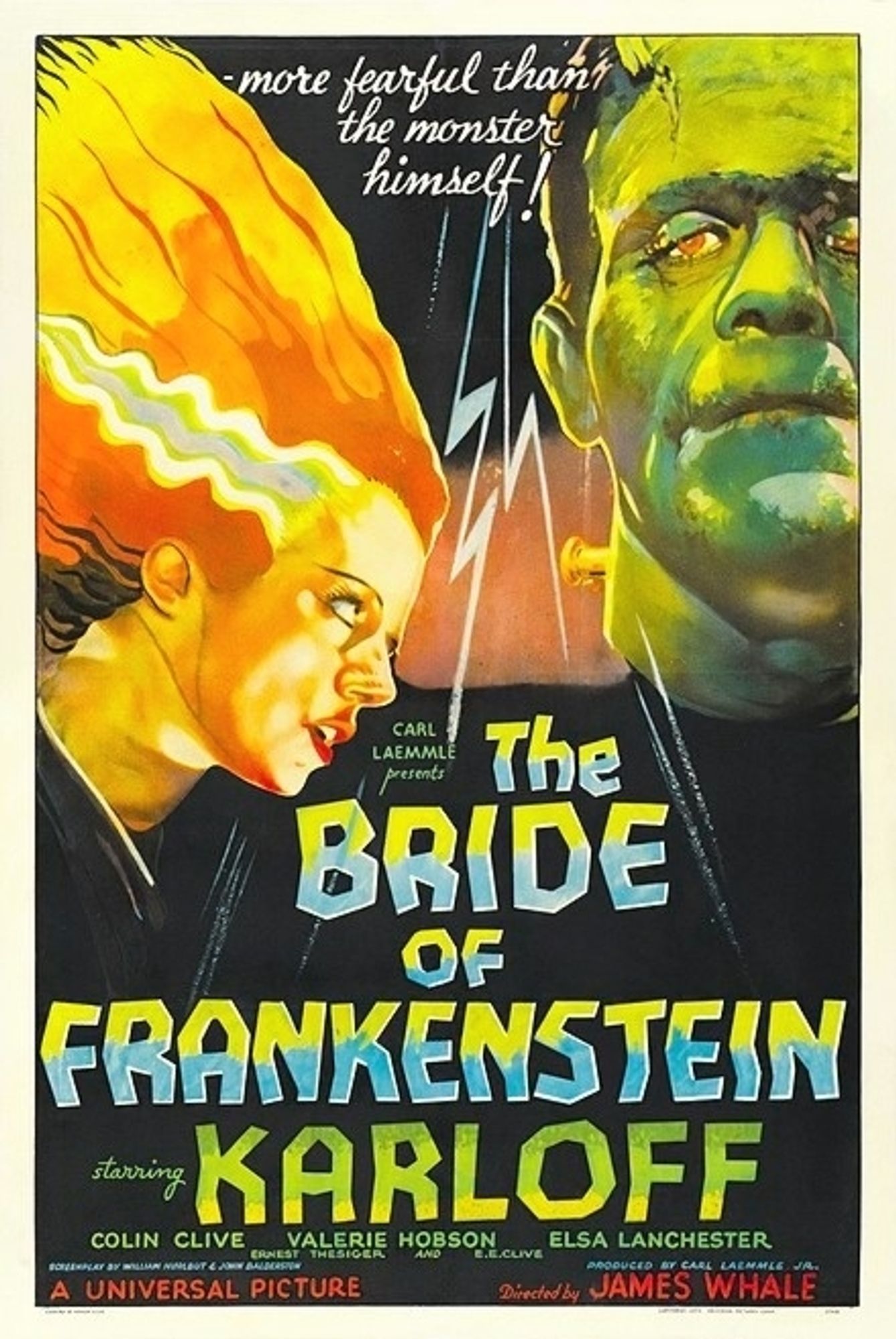 A full color one sheet for director James Whale's 1935 horror classic "The Bride of Frankenstein." Featured illustrations show Boris Karloff as The Monster and Elsa Lanchester as The Bride. Available on digital, DVD, Blu-ray and 4K UHD Blu-ray. Streaming on Peacock and The Criterion Channel.